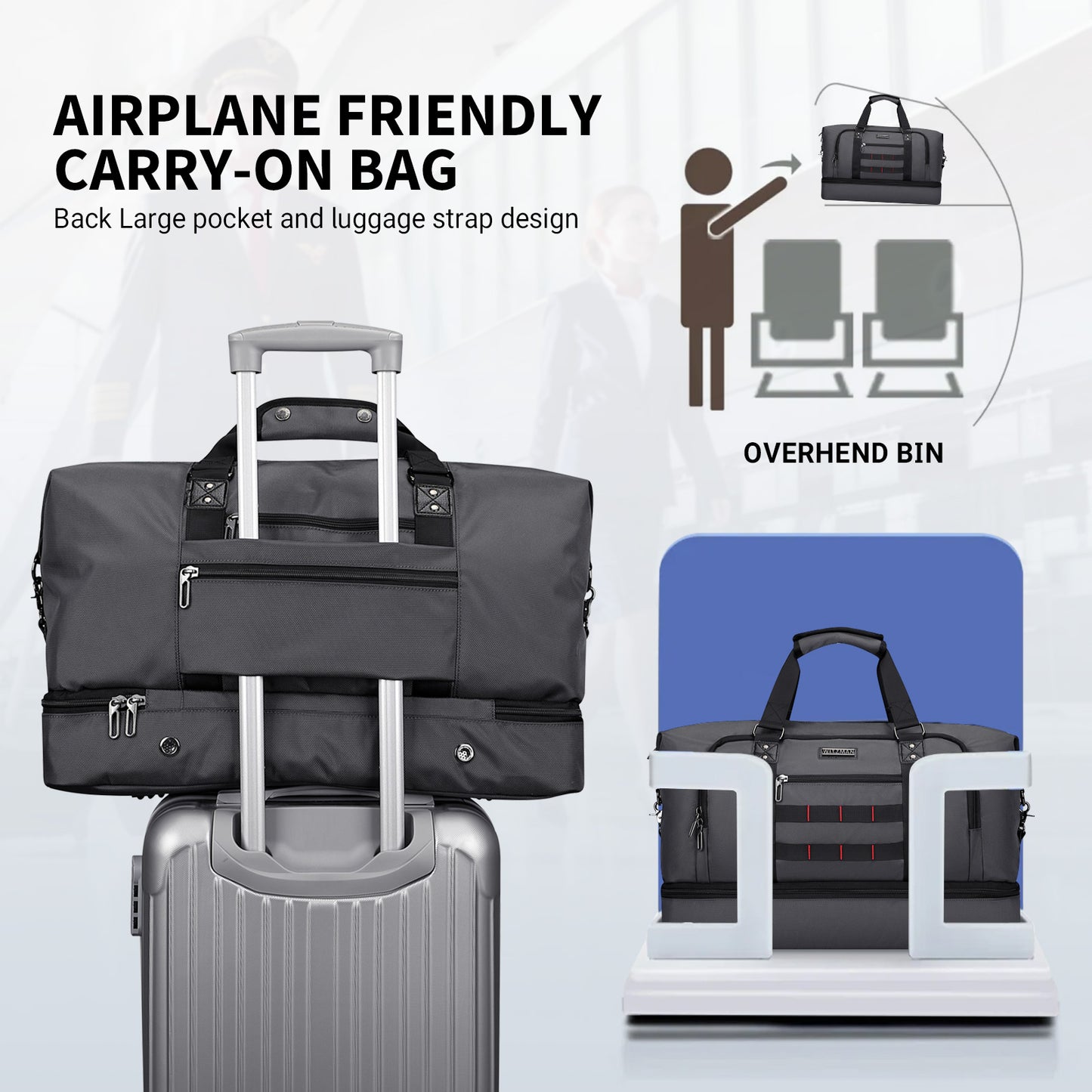 WITZMAN Travel Duffle Bags for Men Weekender Bags with Toiletry Bag Sets Carry On Overnight Bag 55L(B696 )