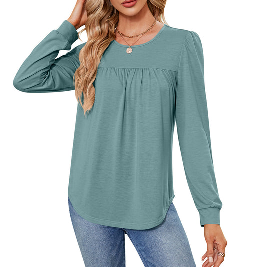MOMOFEEL Womens Long Sleeve Tunic Tops Pleated Crewneck Shirts to Wear with Leggings Casual Loose Fit Sweatshirt M9003