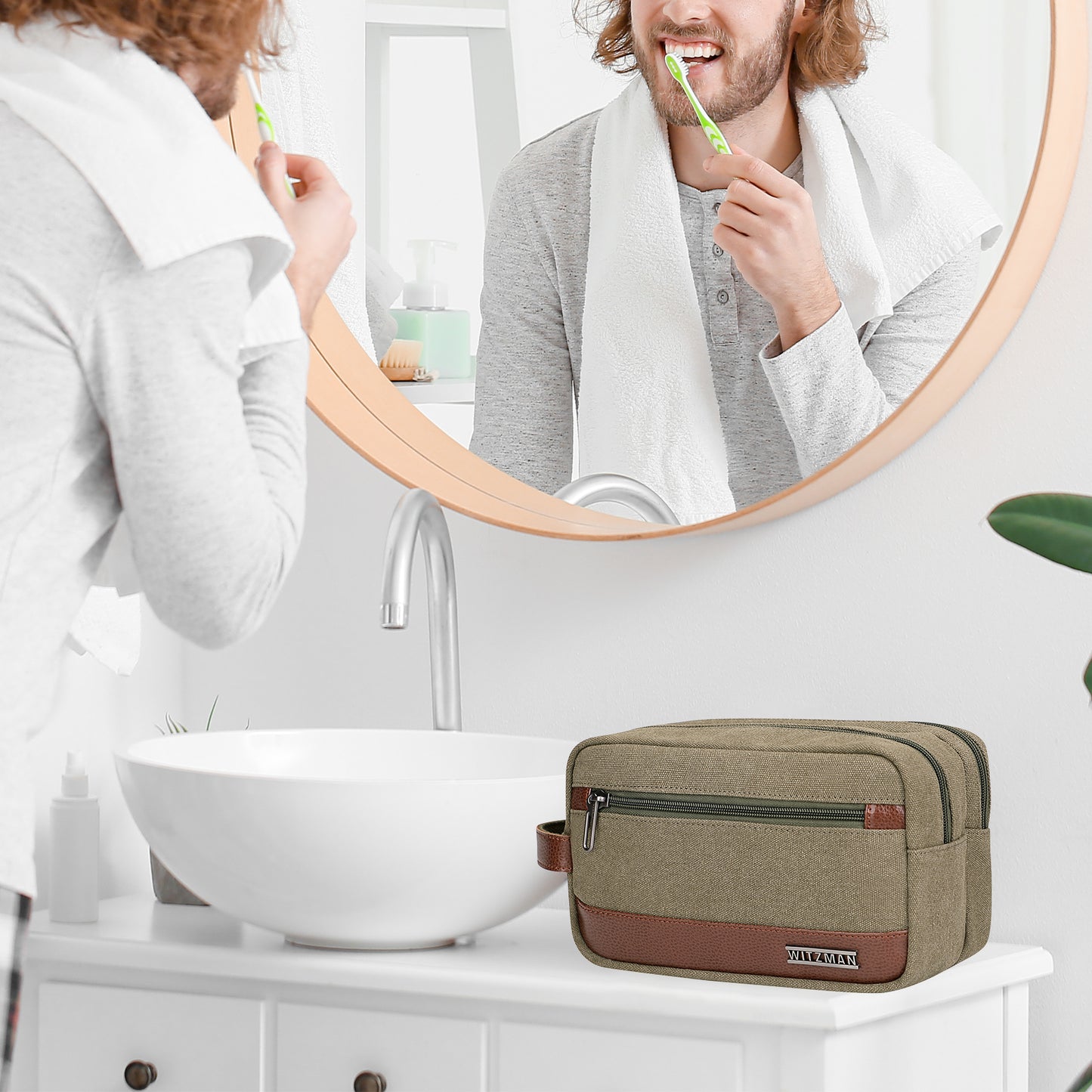 WITZMAN Canvas Toiletry Bag for Men Hanging Dopp Kit Organizer Water-resistant Travel Toiletries bag Men Bathroom Bag with Wet Pocket(A8001)