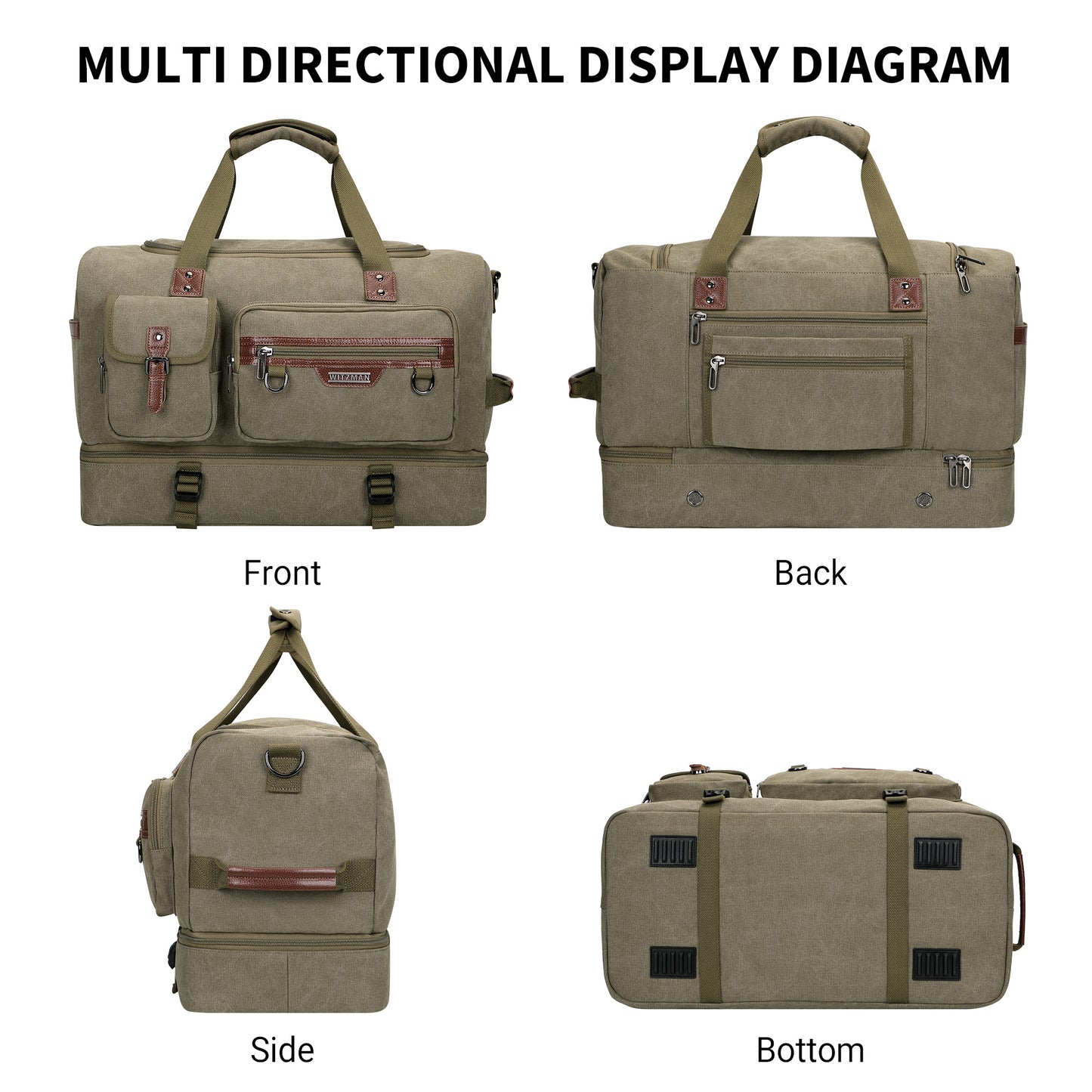 WITZMAN Canvas Weekender Bag Mens Overnight Bag for Traveling Carry on Duffle Bags with Shoes Compartment(A8010 )