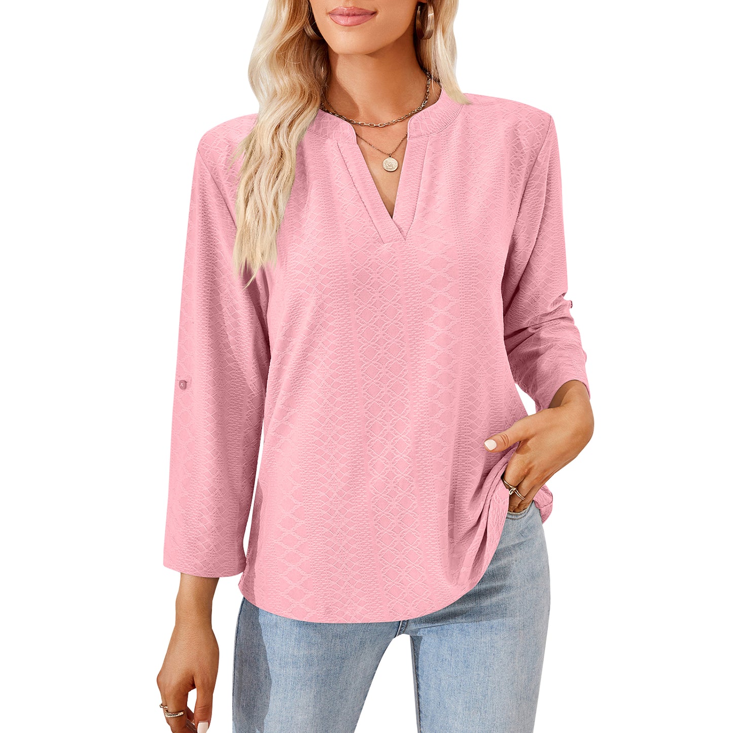 MOMOFEEL Long Sleeve Shirts for Women 3/4 Sleeve Loose Blouses V-neck Tunic Tops Casual M9007