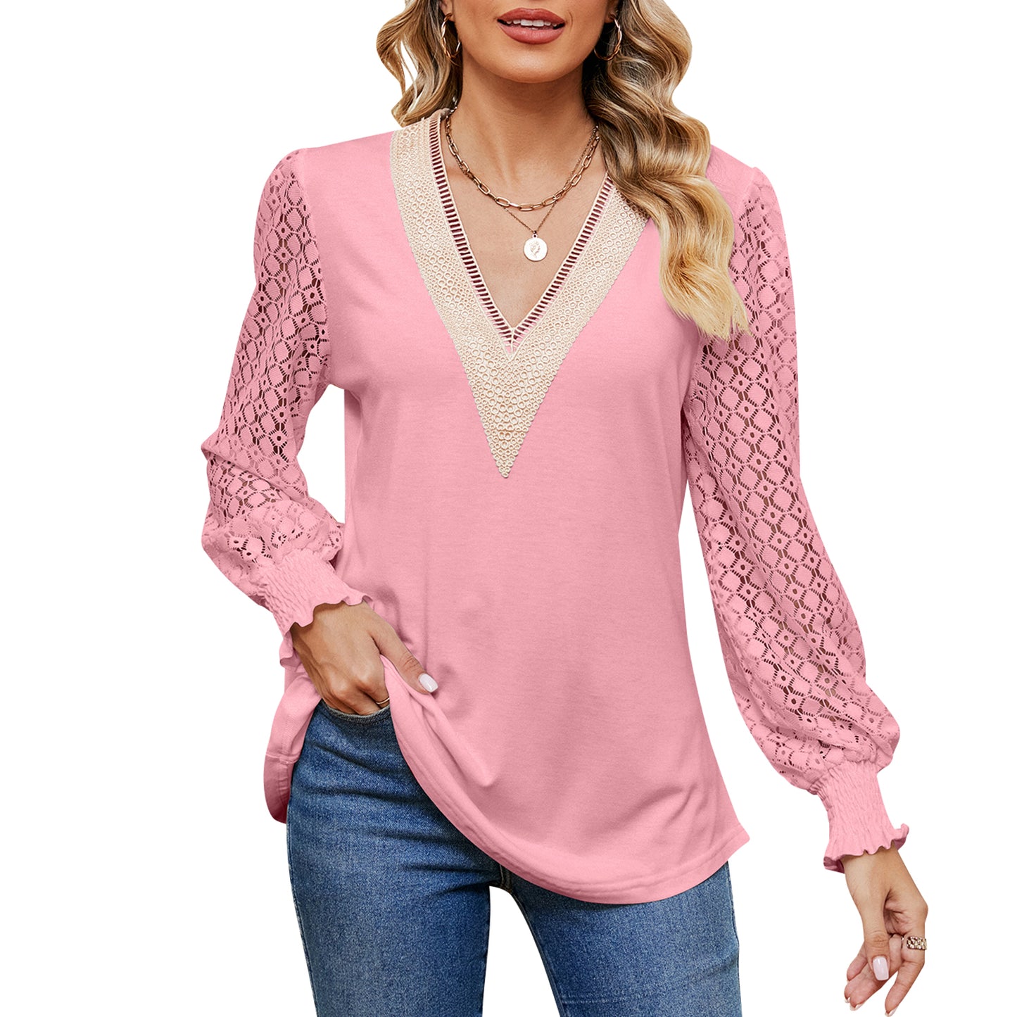 MOMOFEEL Womens Puff Long Sleeve Tunic Tops Lace V Neck Shirts Causal Loose Blouses Pullove M9008