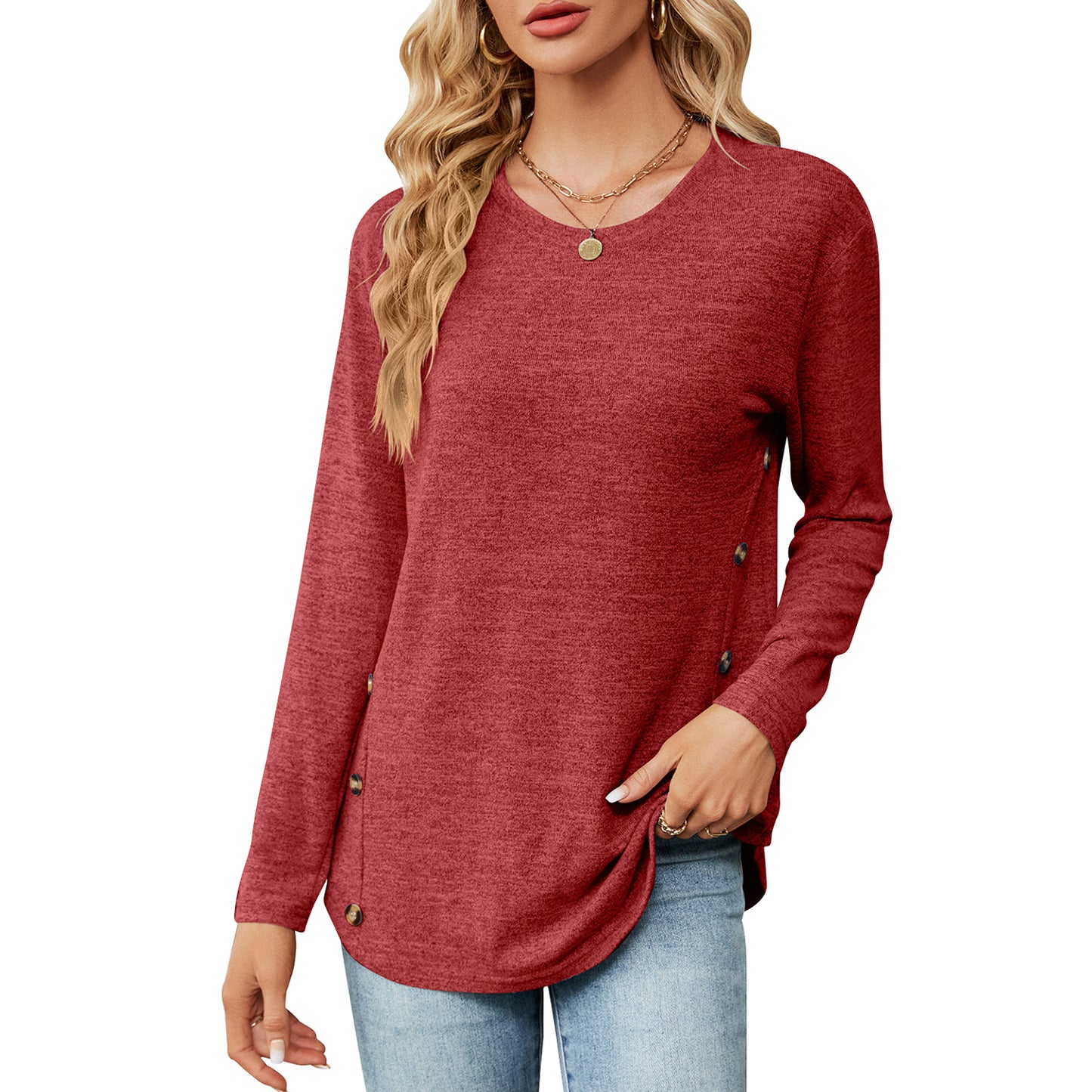MOMOFEEL Long Sleeve Tunic Tops for Women Crewneck Sweatshirt with Side Buttons Casual Shirts Pullover M9004