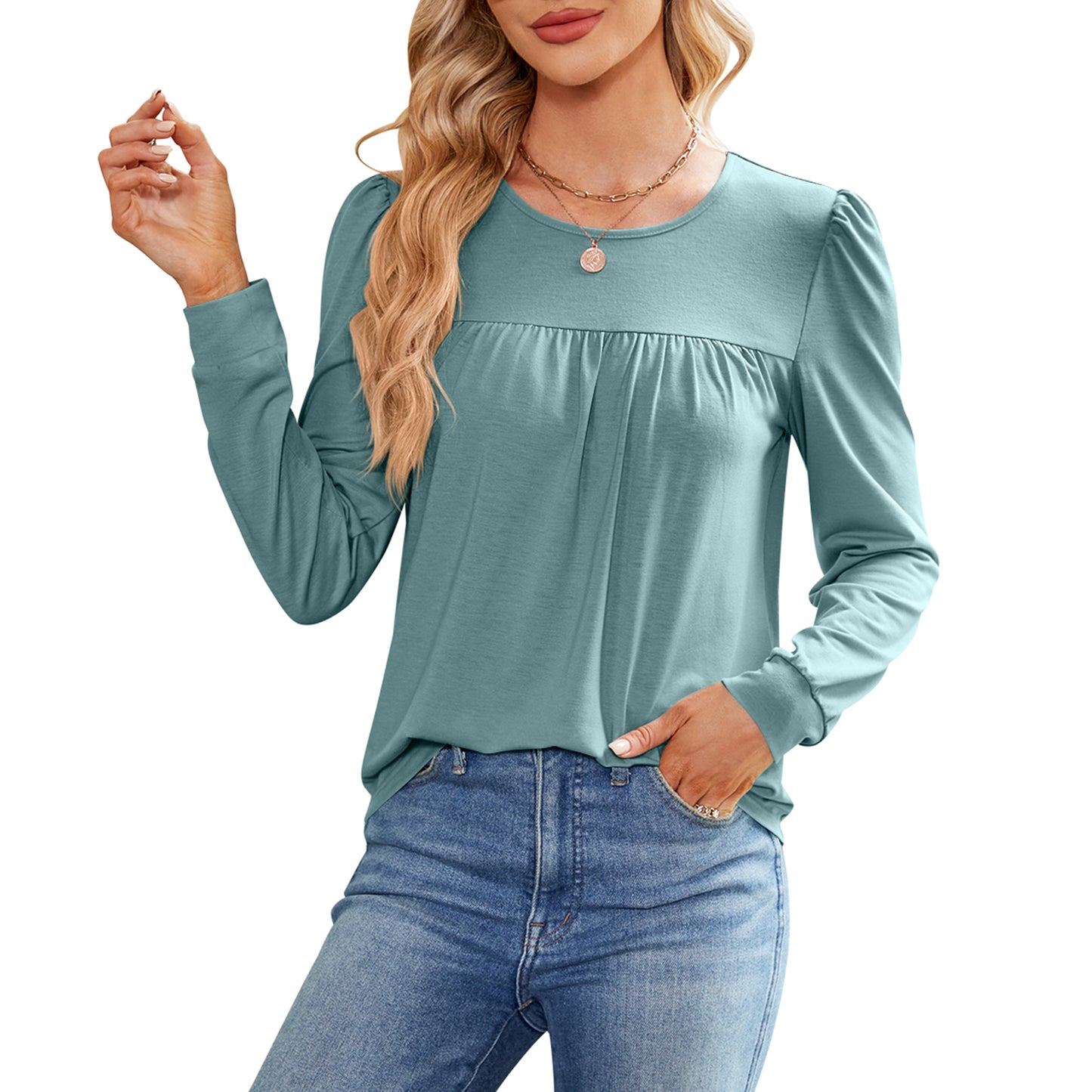 MOMOFEEL Womens Long Sleeve Tunic Tops Pleated Crewneck Shirts to Wear with Leggings Casual Loose Fit Sweatshirt M9003