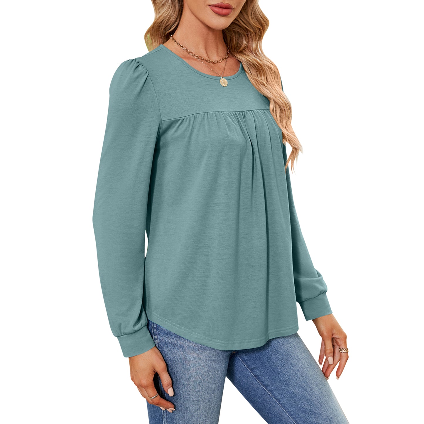 MOMOFEEL Womens Long Sleeve Tunic Tops Pleated Crewneck Shirts to Wear with Leggings Casual Loose Fit Sweatshirt M9003