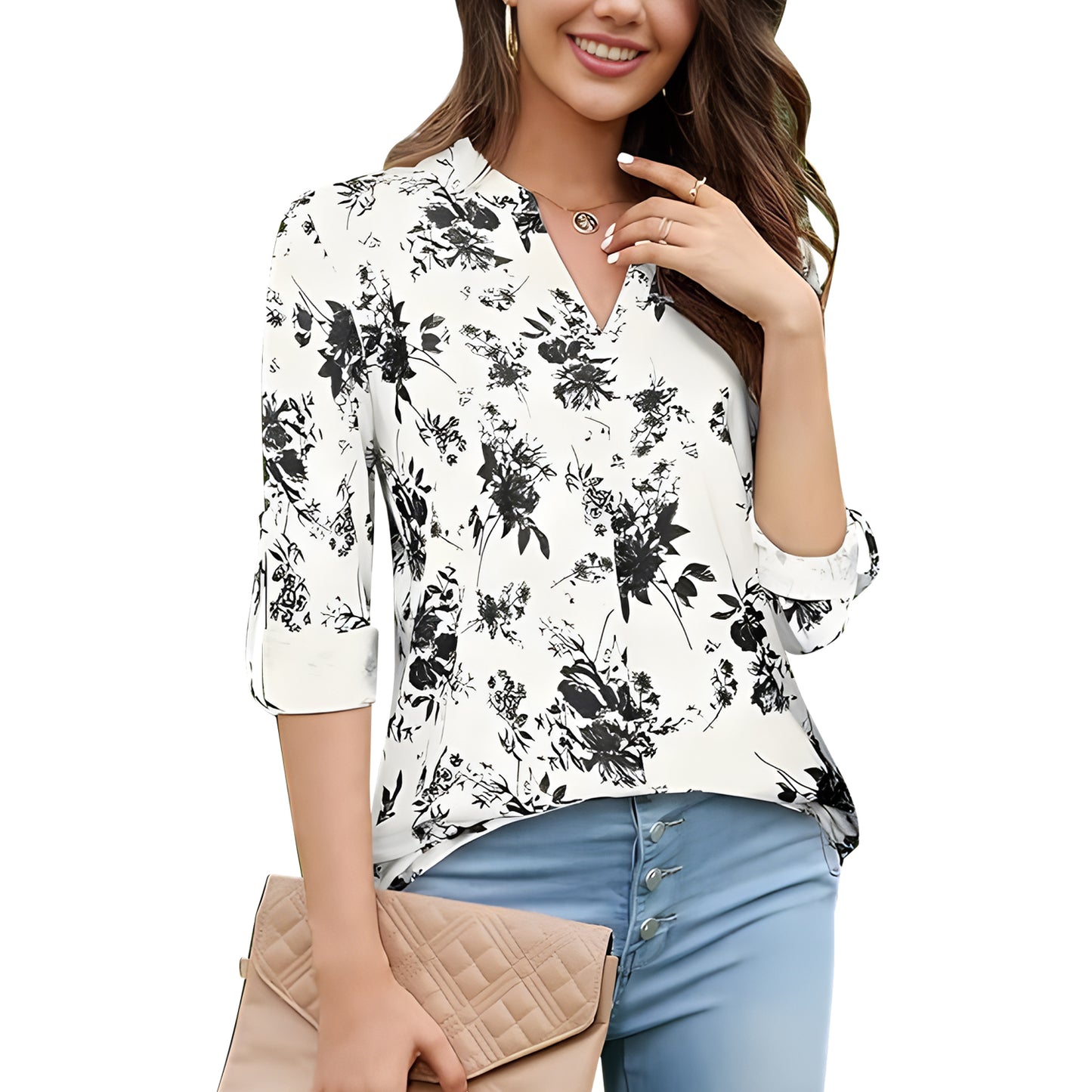 MOMOFEEL Women's Roll Up 3/4 Sleeve Tops Floral Printed Tunic Blouses V Neck Casual Shirts Casual M9014