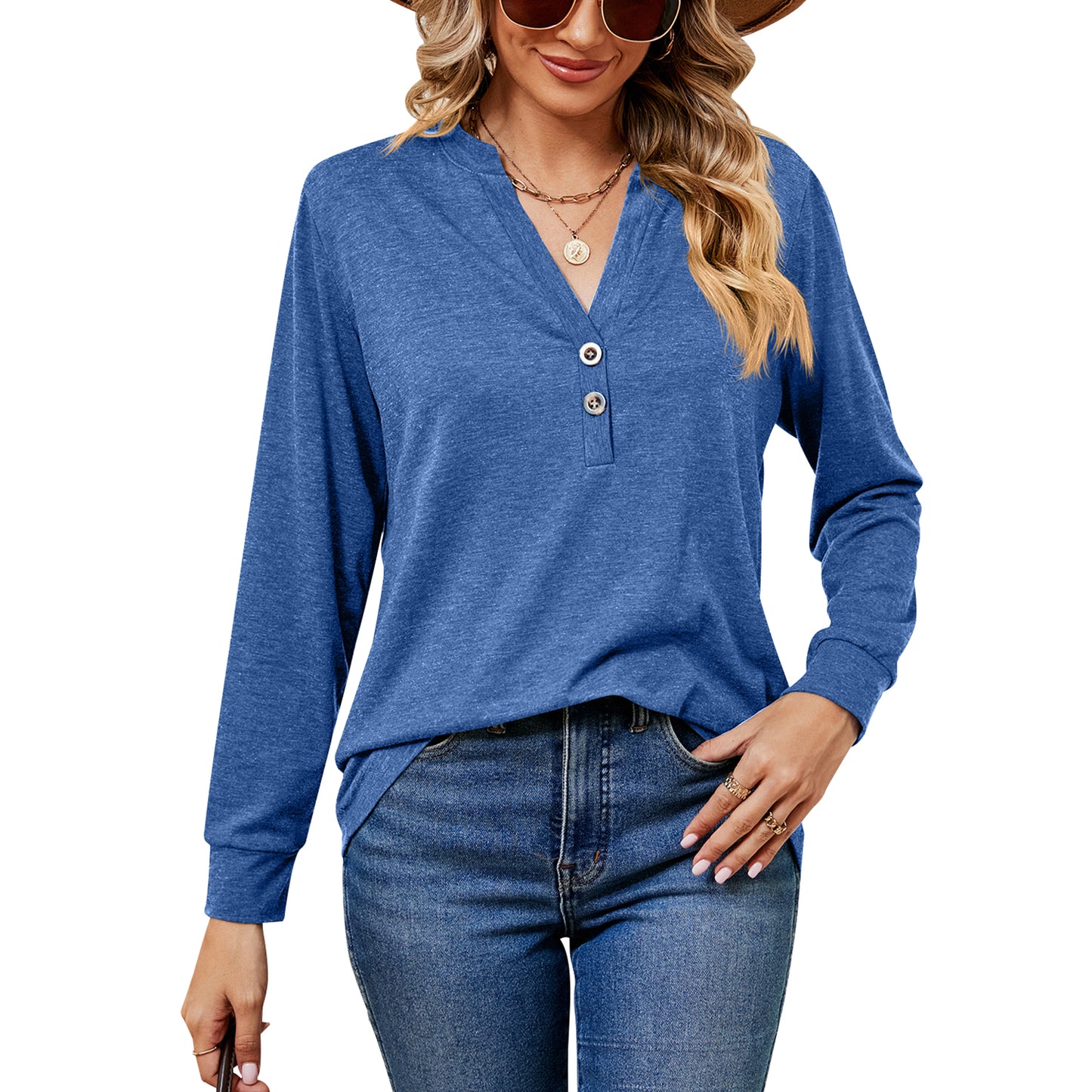 MOMOFEEL Womens Long Sleeve Shirts Casual V Neck Tunic Tops Henley Loose Pullover Blouses M9006