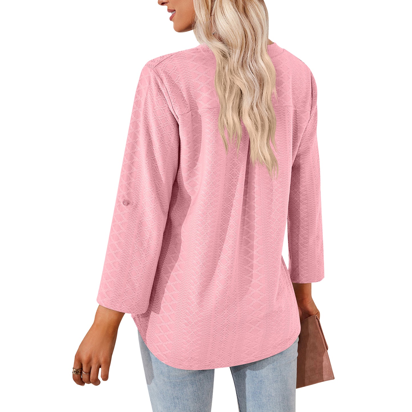 MOMOFEEL Long Sleeve Shirts for Women 3/4 Sleeve Loose Blouses V-neck Tunic Tops Casual M9007