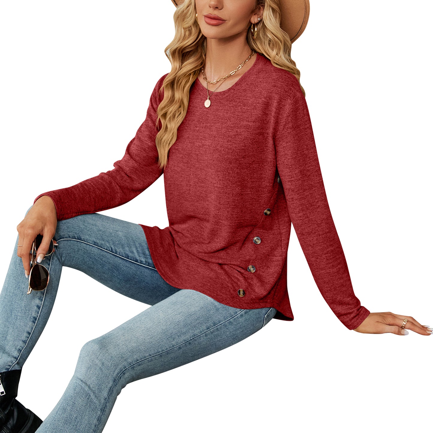 MOMOFEEL Long Sleeve Tunic Tops for Women Crewneck Sweatshirt with Side Buttons Casual Shirts Pullover M9004