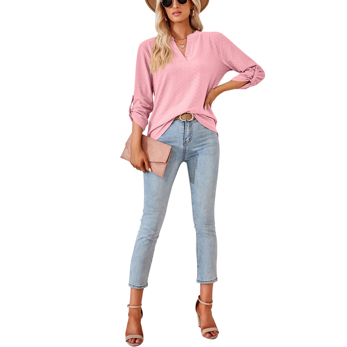MOMOFEEL Long Sleeve Shirts for Women 3/4 Sleeve Loose Blouses V-neck Tunic Tops Casual M9007