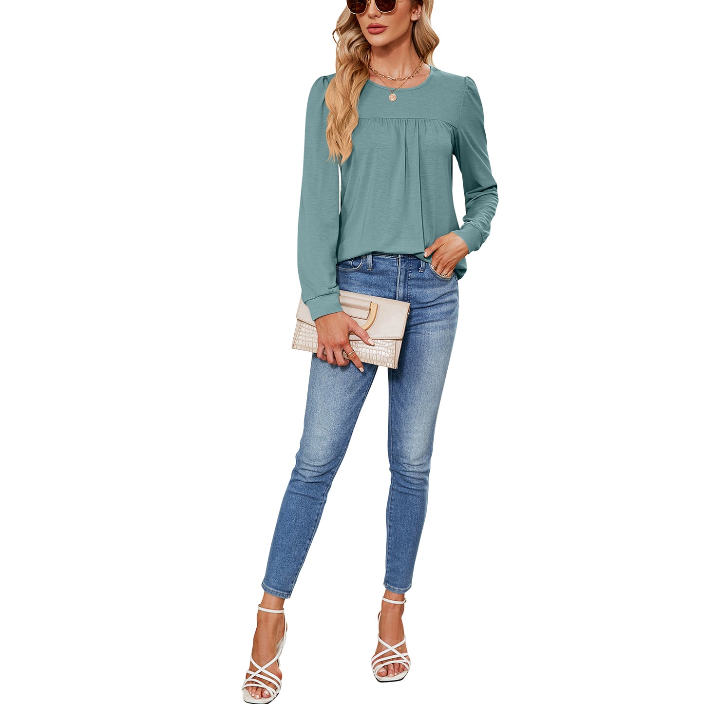 MOMOFEEL Womens Long Sleeve Tunic Tops Pleated Crewneck Shirts to Wear with Leggings Casual Loose Fit Sweatshirt M9003