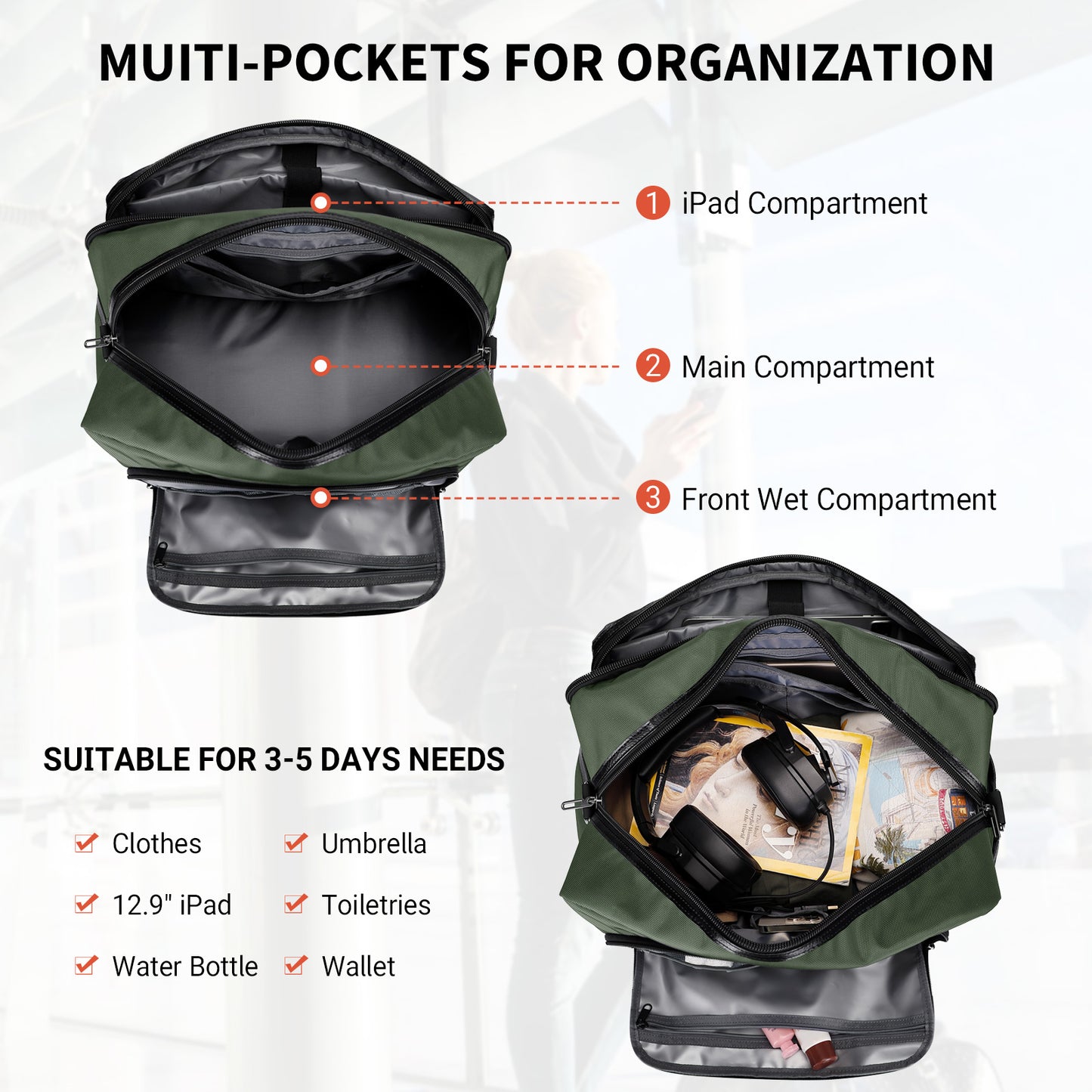 WITZMAN Weekender Bags for Men Women Carry On Duffle Overnight Bag with Toiletry Bag Sets Travel Duffel Bag Shoes Compartment(B694)