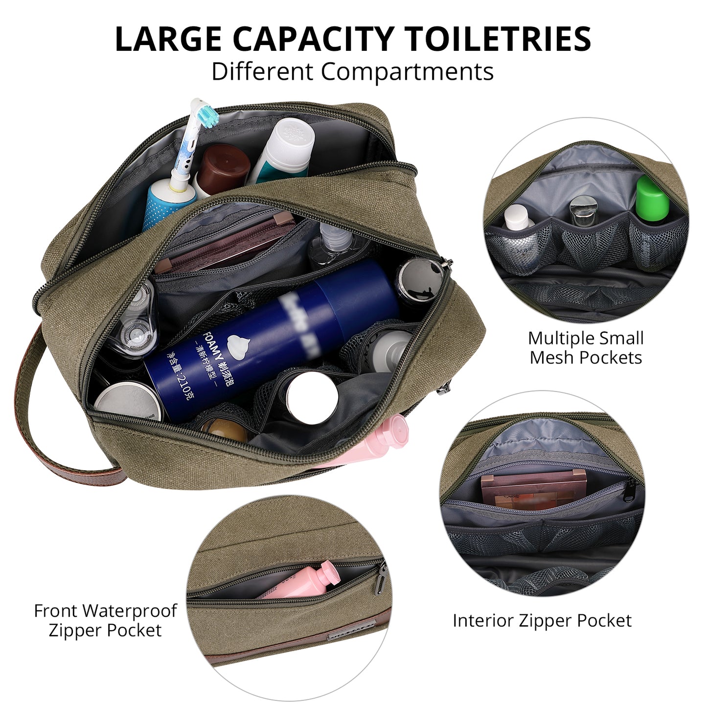 WITZMAN Canvas Toiletry Bag for Men Hanging Dopp Kit Organizer Water-resistant Travel Toiletries bag Men Bathroom Bag with Wet Pocket(A8001)