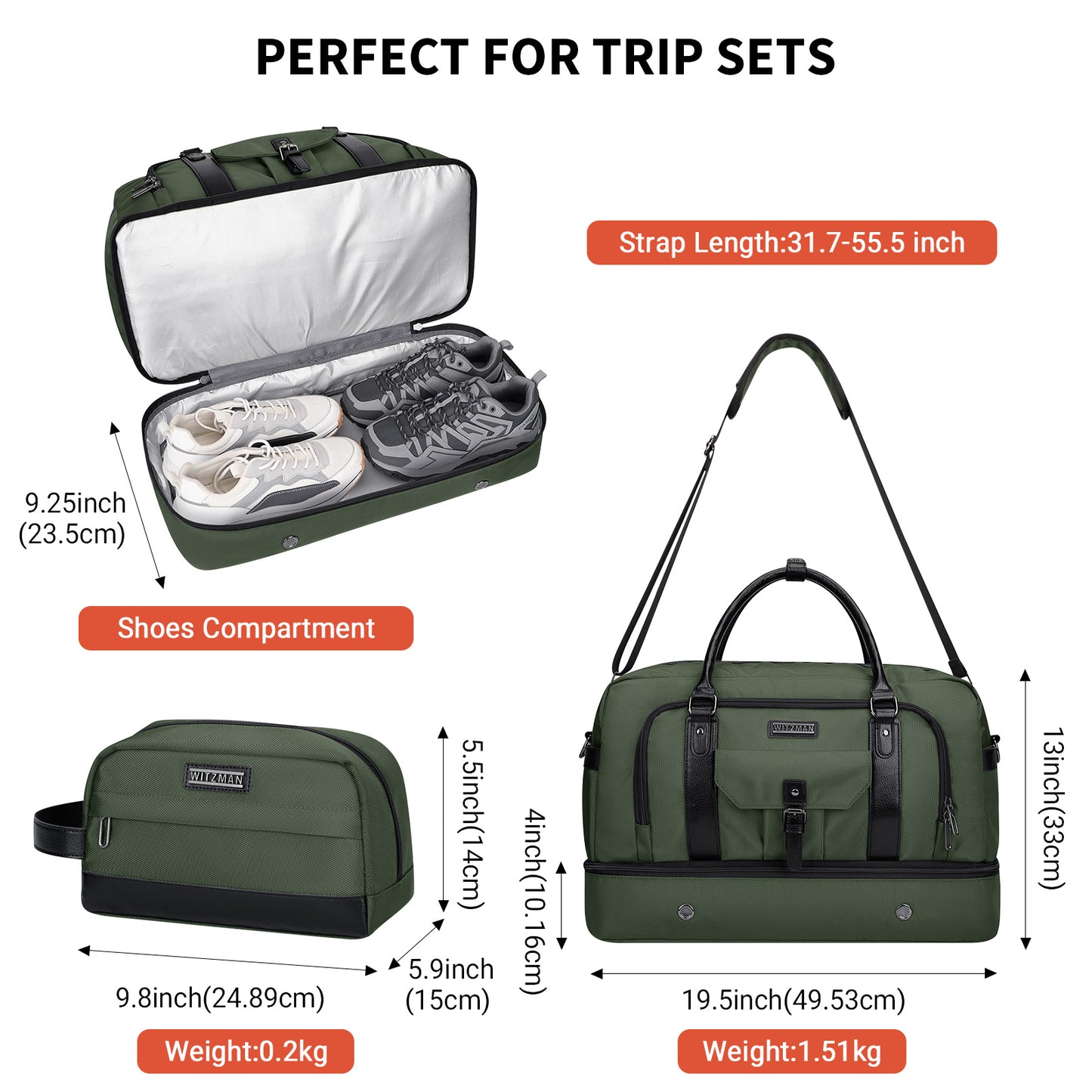 WITZMAN Weekender Bags for Men Women Carry On Duffle Overnight Bag with Toiletry Bag Sets Travel Duffel Bag Shoes Compartment(B694)