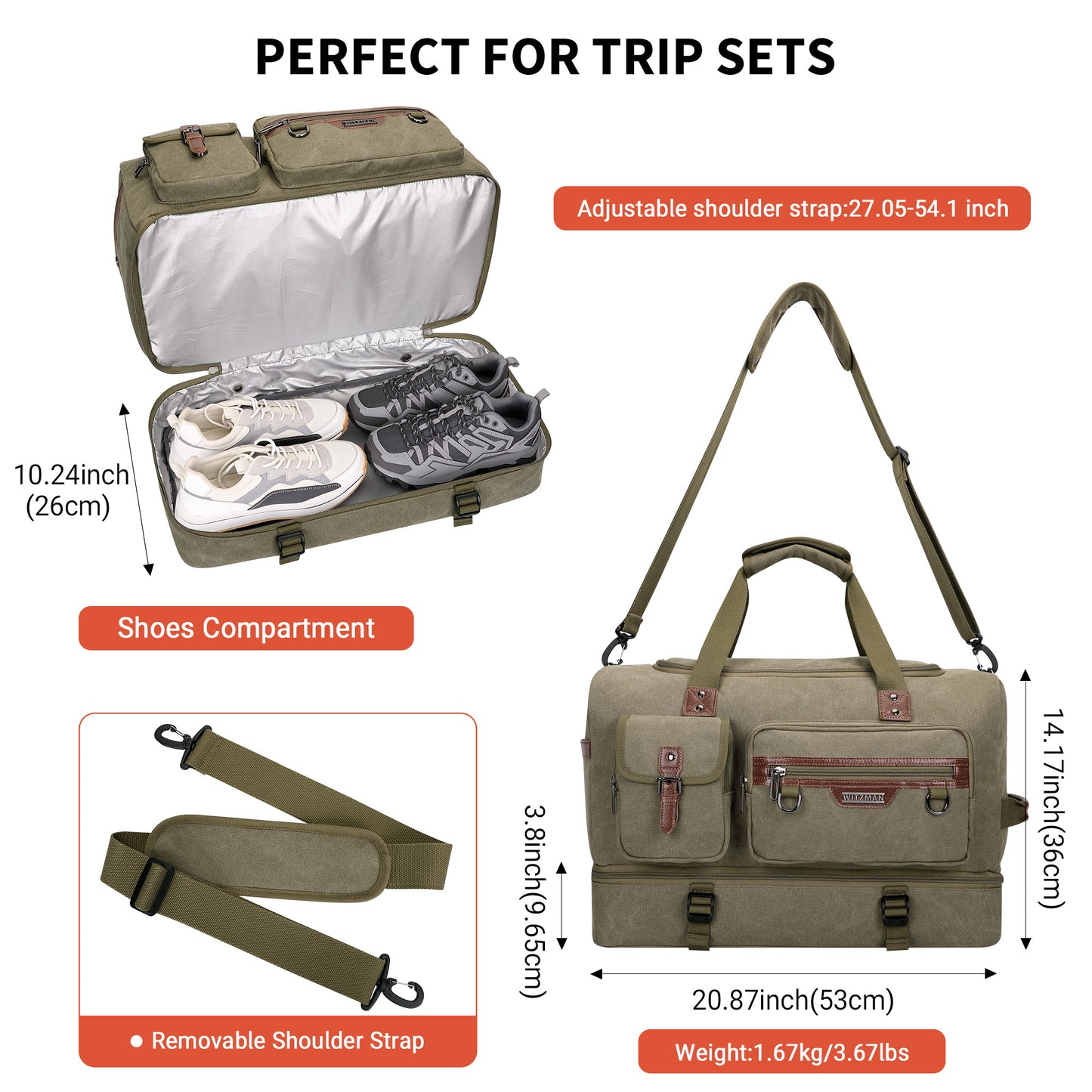 WITZMAN Canvas Weekender Bag Mens Overnight Bag for Traveling Carry on Duffle Bags with Shoes Compartment(A8010 )