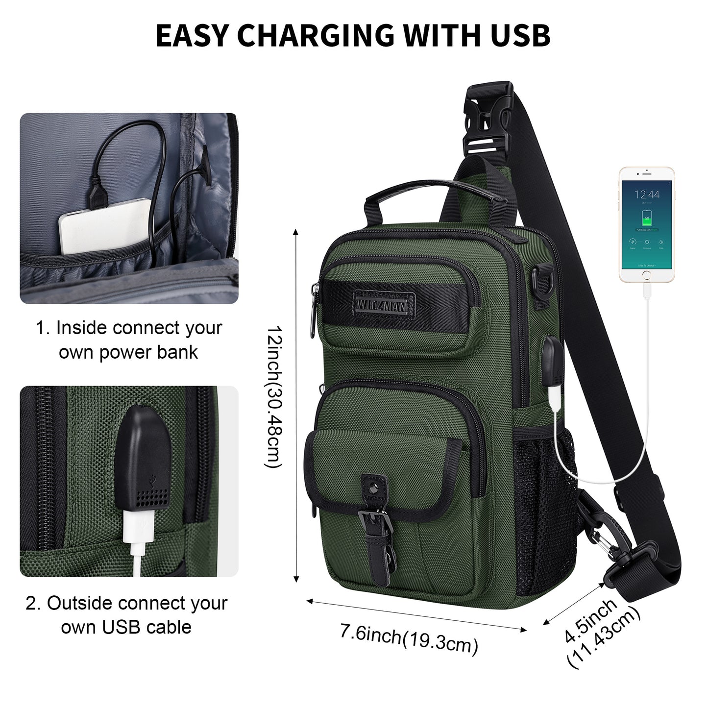WITZMAN Sling Bag for Men Convertible Travel Sling Backpack USB Charging Port Lightweight Crossbody Bags Casual Daypack(B698)