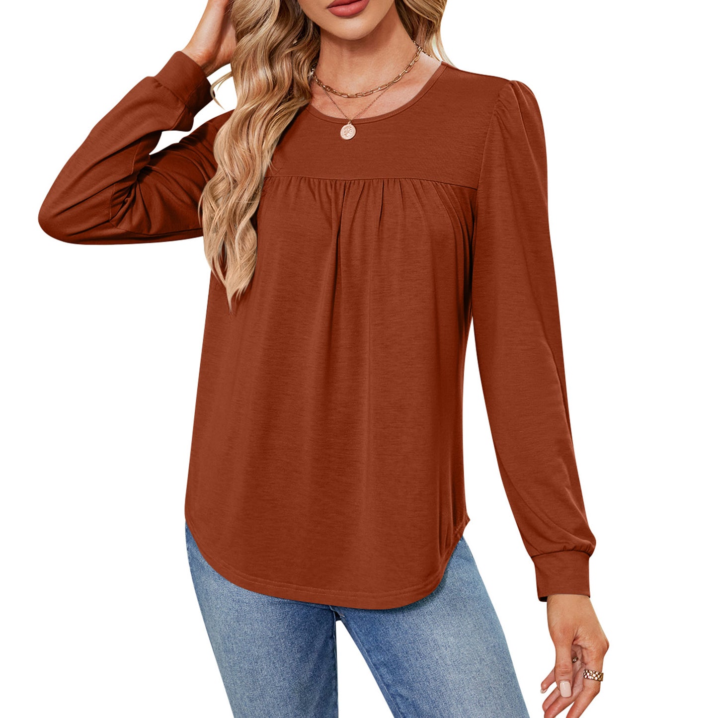 MOMOFEEL Womens Long Sleeve Tunic Tops Pleated Crewneck Shirts to Wear with Leggings Casual Loose Fit Sweatshirt M9003