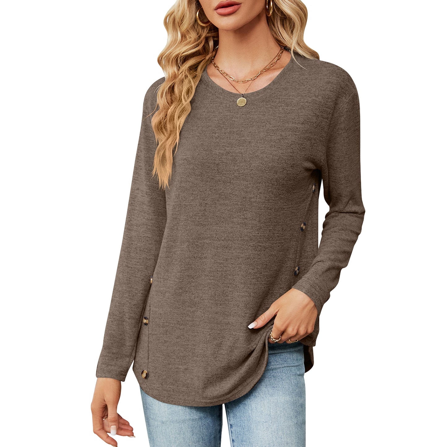 MOMOFEEL Long Sleeve Tunic Tops for Women Crewneck Sweatshirt with Side Buttons Casual Shirts Pullover M9004