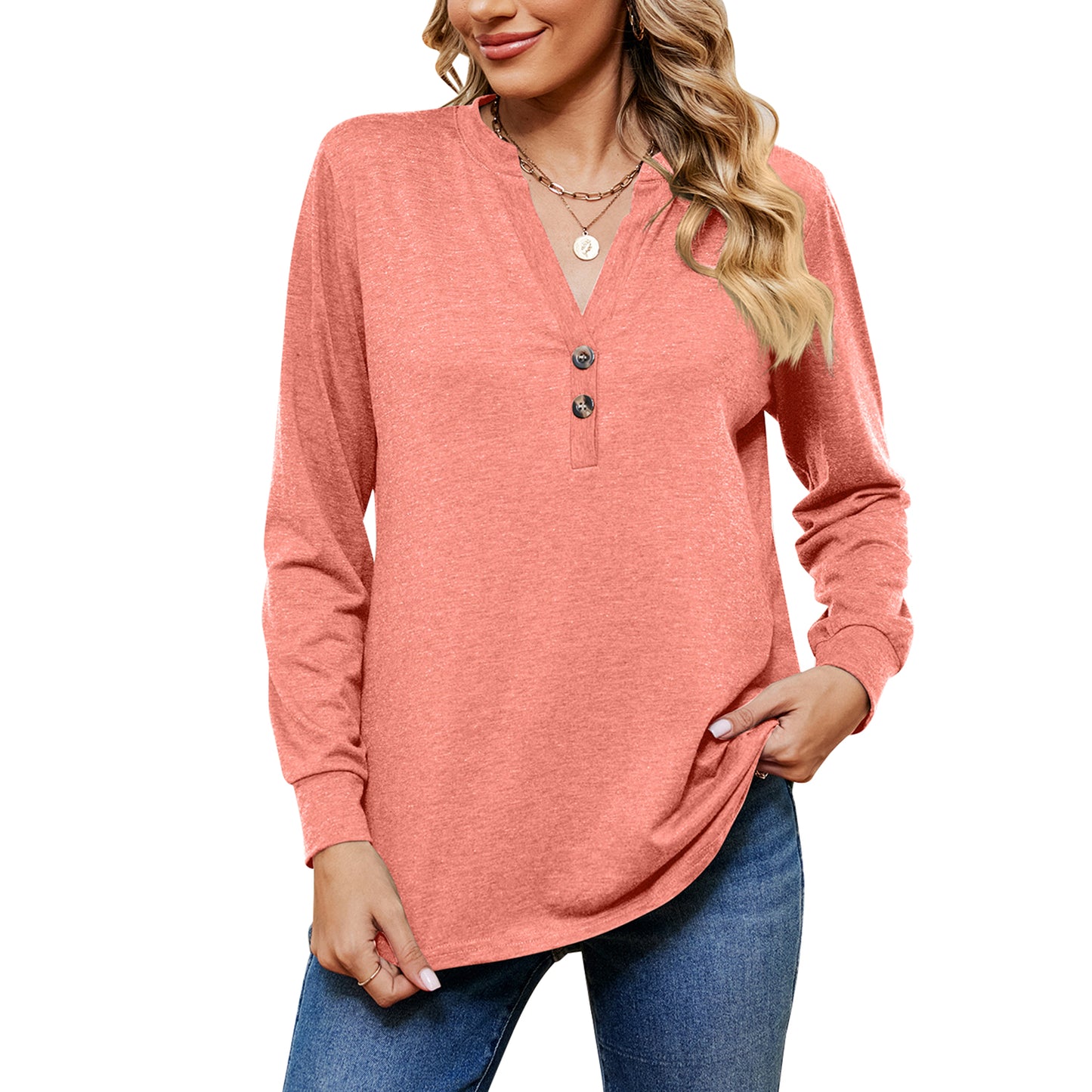 MOMOFEEL Womens Long Sleeve Shirts Casual V Neck Tunic Tops Henley Loose Pullover Blouses M9006