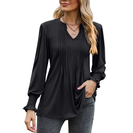 MOMOFEEL Womens Tunic Tops Puff Long Sleeve Blouses Loose Fit Pleated V Neck Shirts M9013