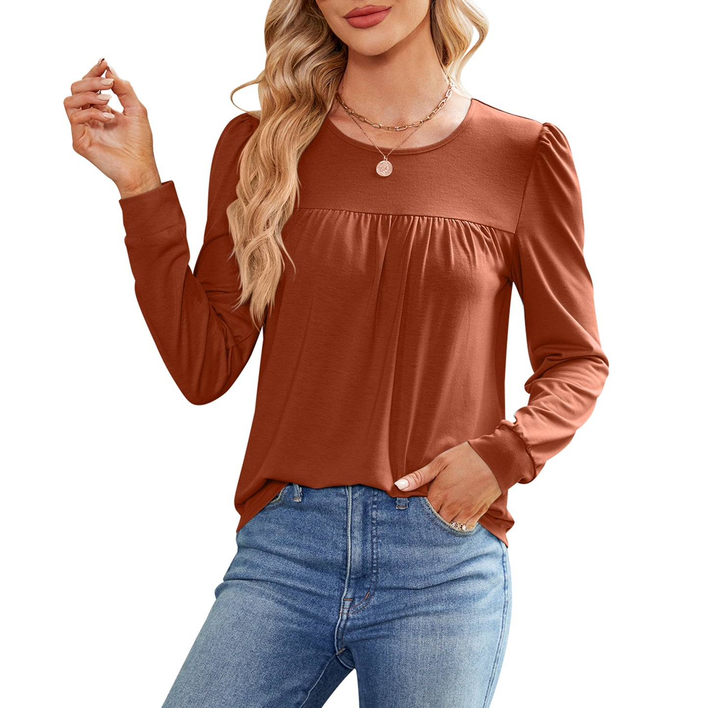 MOMOFEEL Womens Long Sleeve Tunic Tops Pleated Crewneck Shirts to Wear with Leggings Casual Loose Fit Sweatshirt M9003