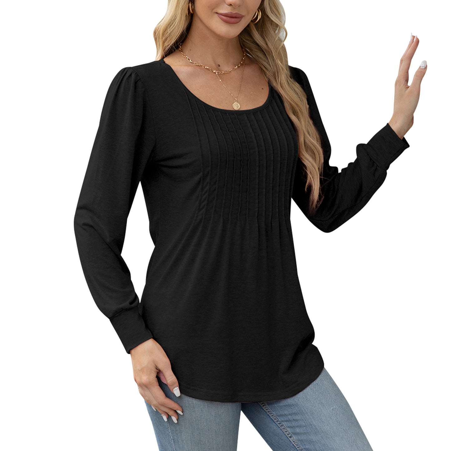 MOMOFEEL Pleated Blouses for Women Puff Long Sleeve Tunic Tops Dressy Casual Shirts M9011