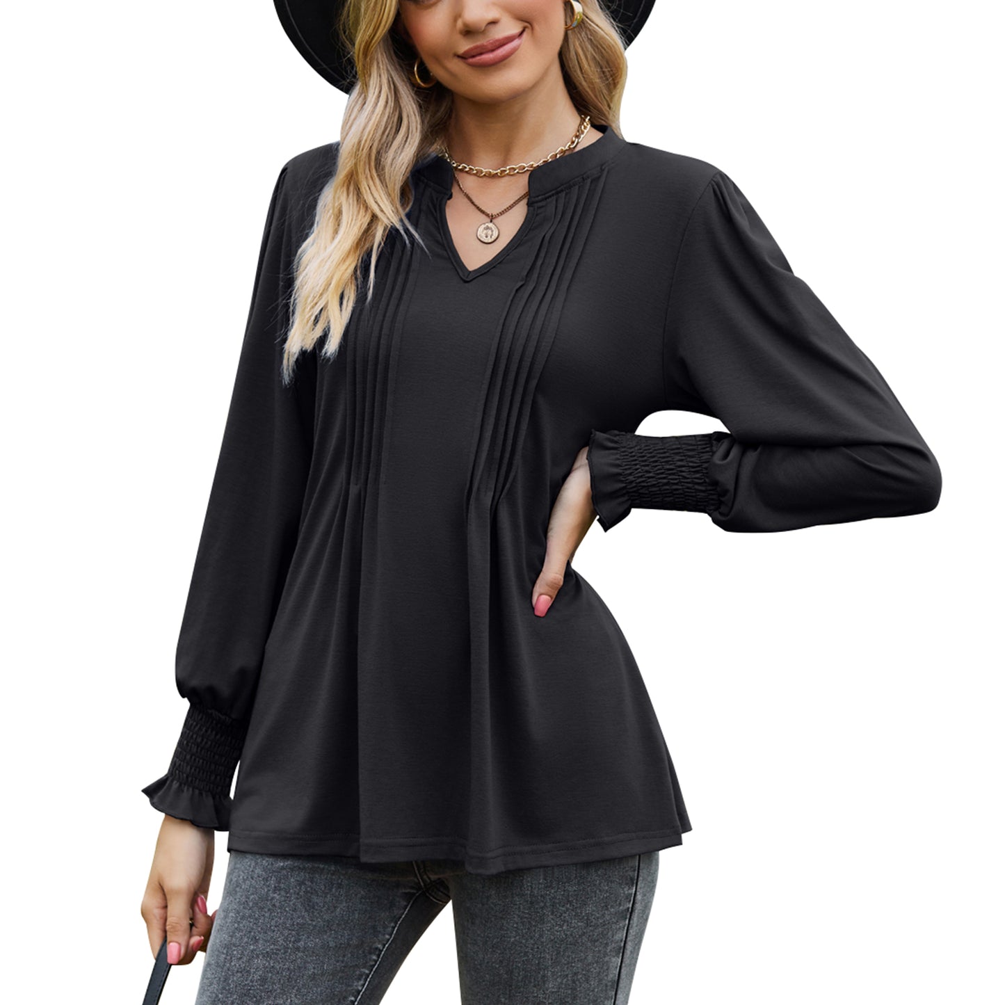 MOMOFEEL Womens Tunic Tops Puff Long Sleeve Blouses Loose Fit Pleated V Neck Shirts M9013
