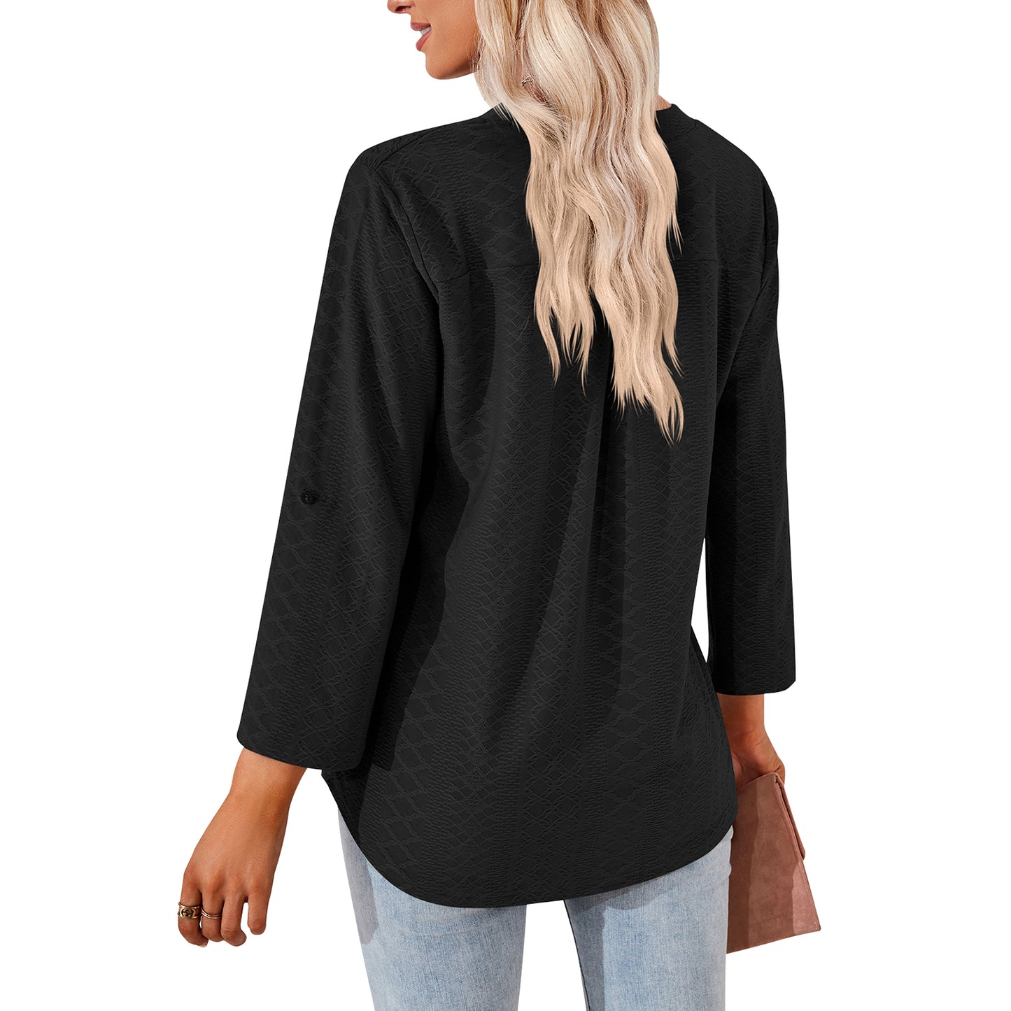 MOMOFEEL Long Sleeve Shirts for Women 3/4 Sleeve Loose Blouses V-neck Tunic Tops Casual M9007