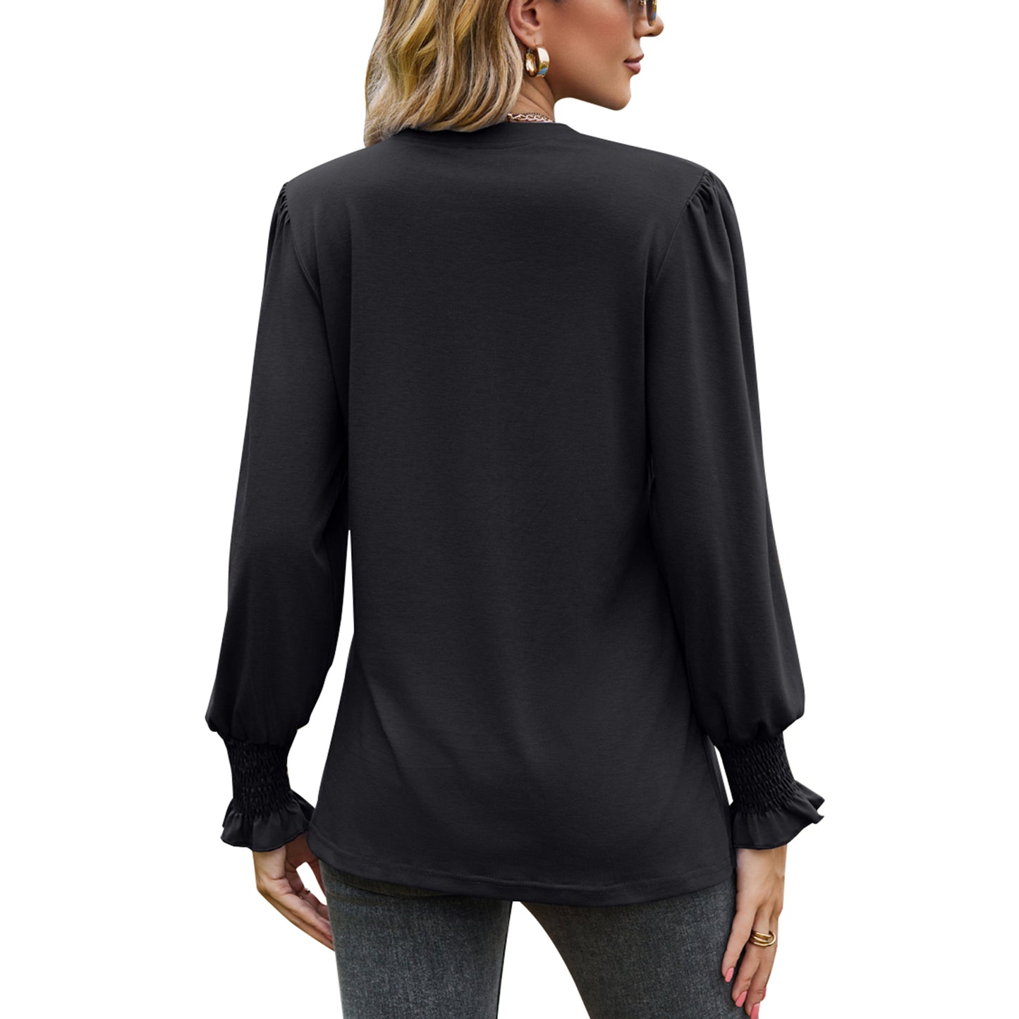 MOMOFEEL Womens Tunic Tops Puff Long Sleeve Blouses Loose Fit Pleated V Neck Shirts M9013