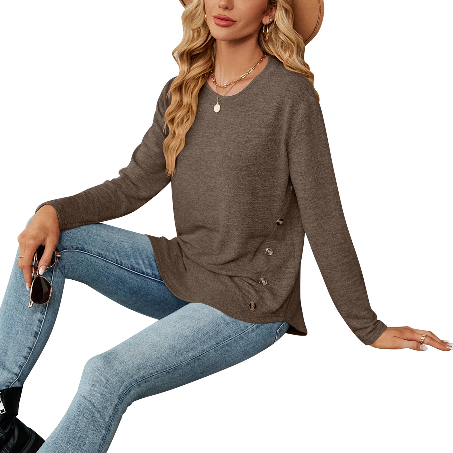 MOMOFEEL Long Sleeve Tunic Tops for Women Crewneck Sweatshirt with Side Buttons Casual Shirts Pullover M9004