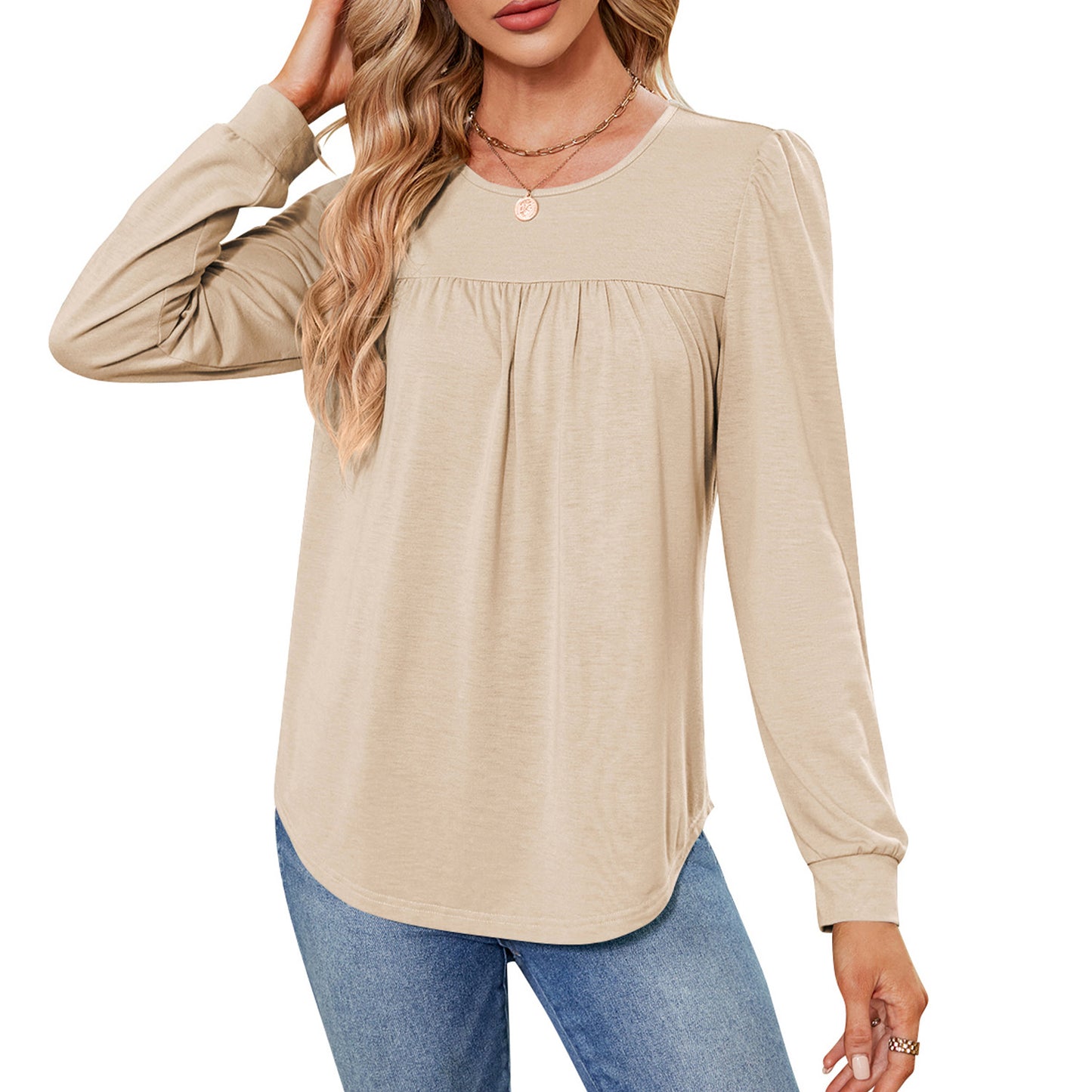 MOMOFEEL Womens Long Sleeve Tunic Tops Pleated Crewneck Shirts to Wear with Leggings Casual Loose Fit Sweatshirt M9003
