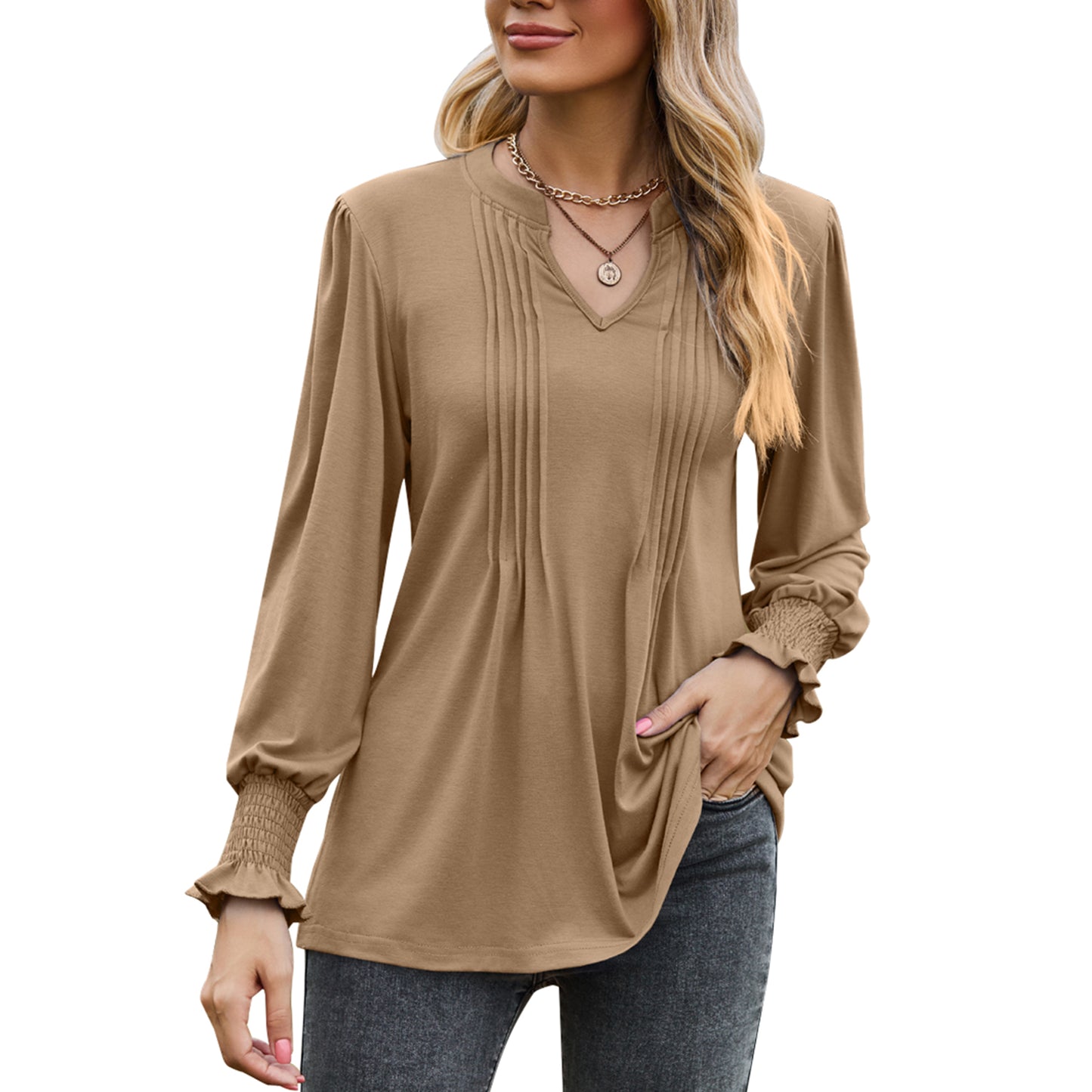 MOMOFEEL Womens Tunic Tops Puff Long Sleeve Blouses Loose Fit Pleated V Neck Shirts M9013