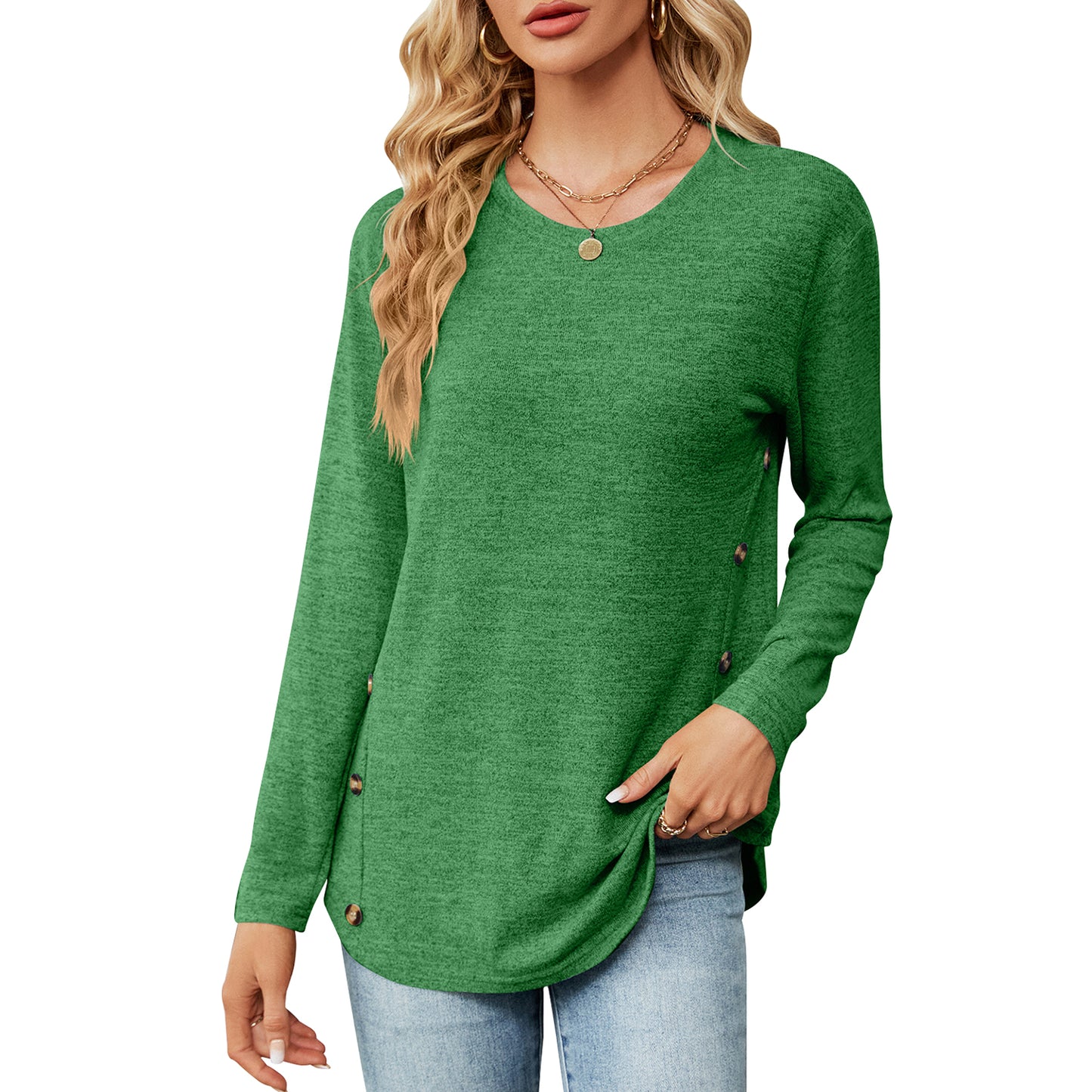 MOMOFEEL Long Sleeve Tunic Tops for Women Crewneck Sweatshirt with Side Buttons Casual Shirts Pullover M9004