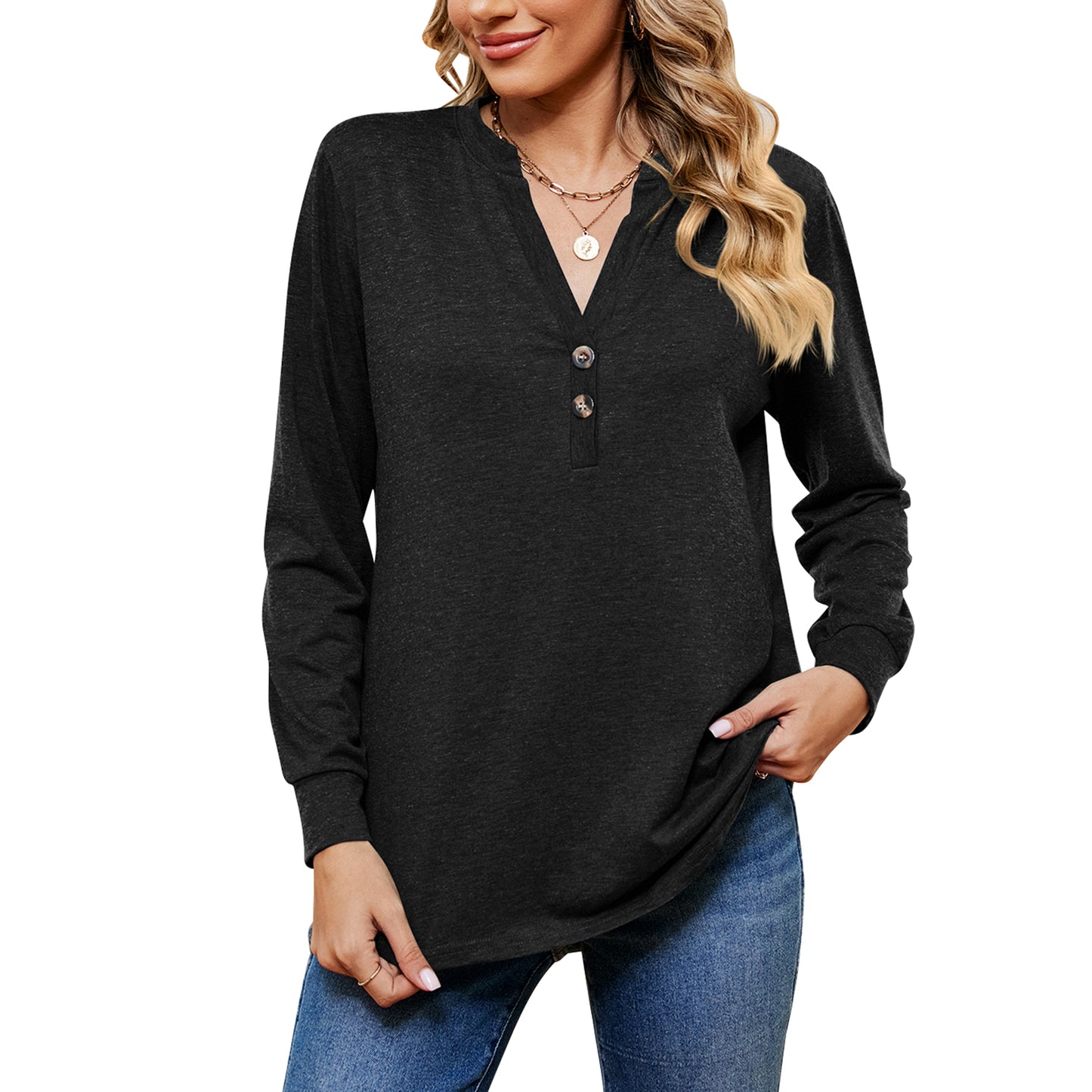 MOMOFEEL Womens Long Sleeve Shirts Casual V Neck Tunic Tops Henley Loose Pullover Blouses M9006