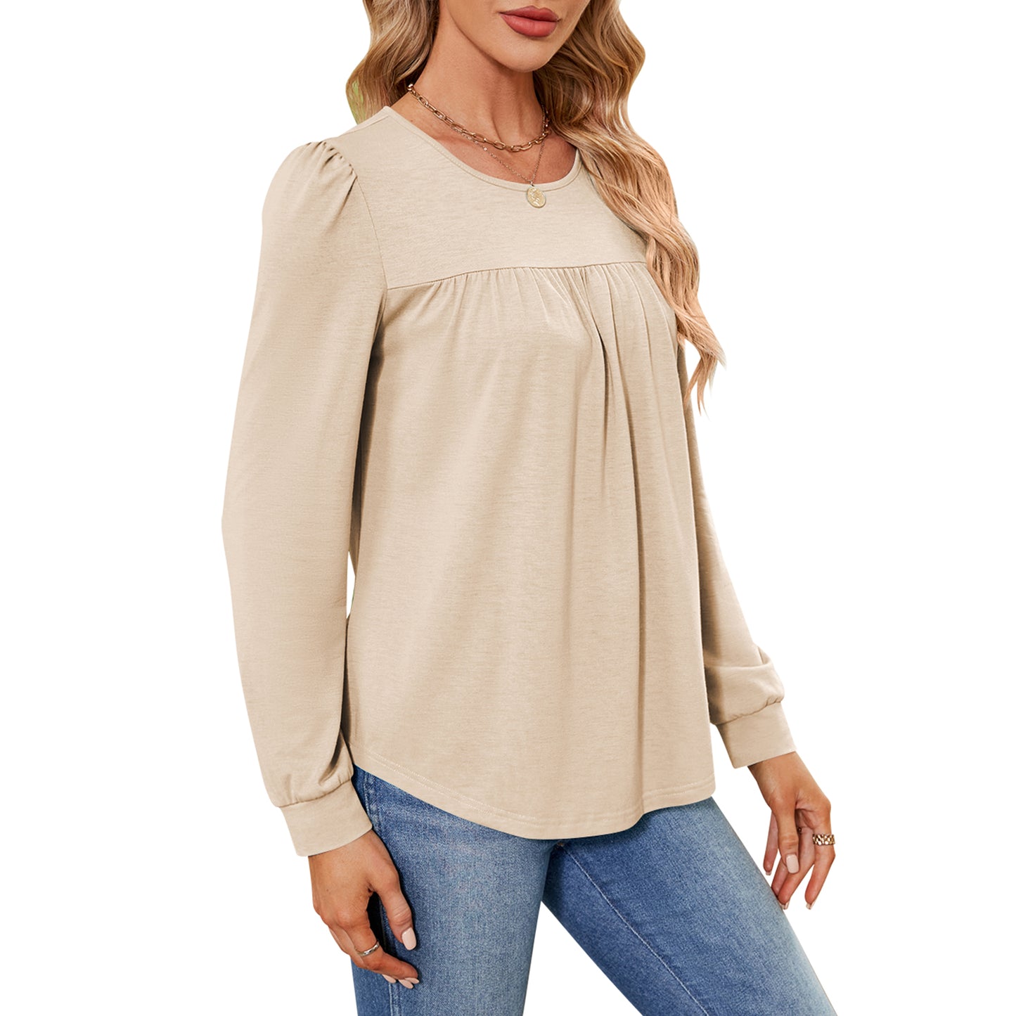 MOMOFEEL Womens Long Sleeve Tunic Tops Pleated Crewneck Shirts to Wear with Leggings Casual Loose Fit Sweatshirt M9003