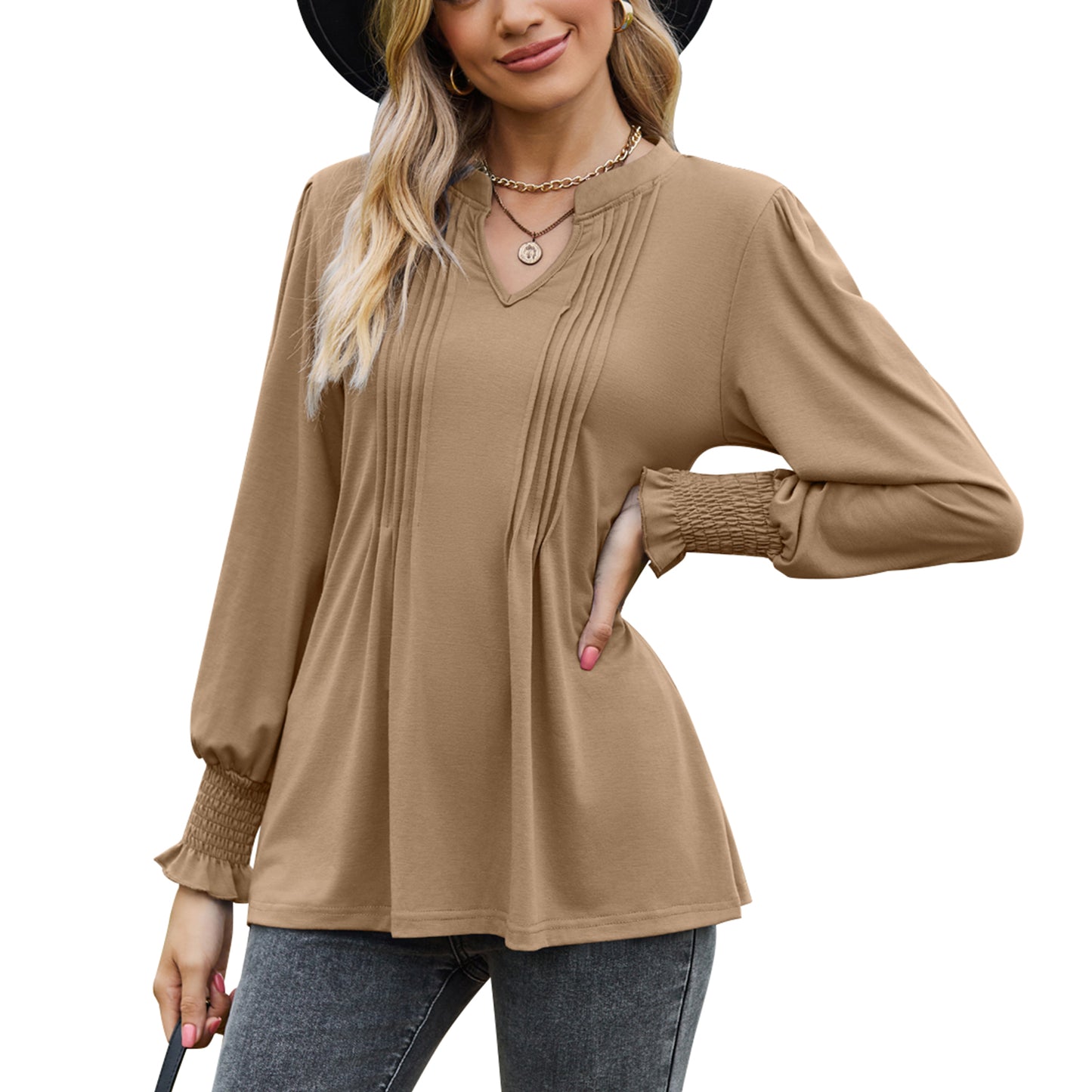 MOMOFEEL Womens Tunic Tops Puff Long Sleeve Blouses Loose Fit Pleated V Neck Shirts M9013