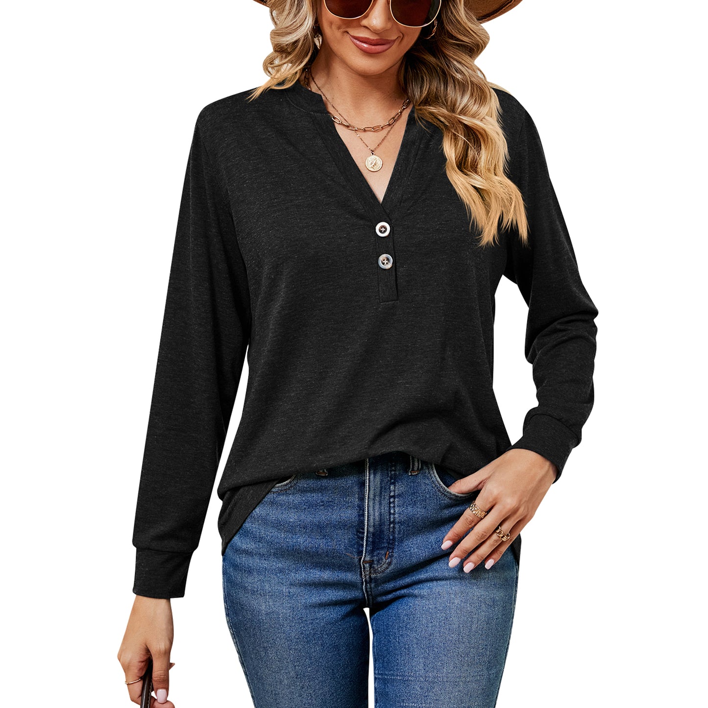 MOMOFEEL Womens Long Sleeve Shirts Casual V Neck Tunic Tops Henley Loose Pullover Blouses M9006