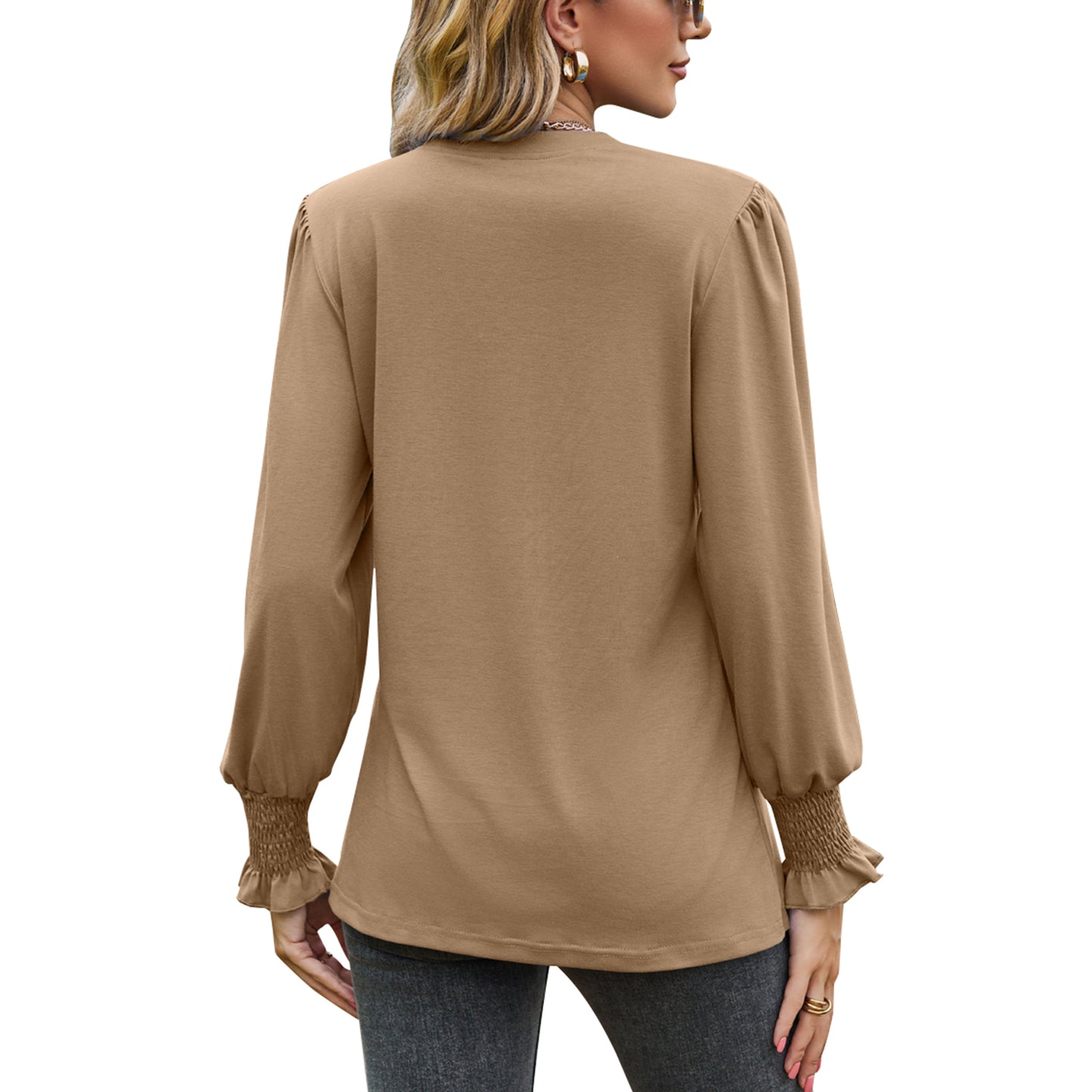 MOMOFEEL Womens Tunic Tops Puff Long Sleeve Blouses Loose Fit Pleated V Neck Shirts M9013