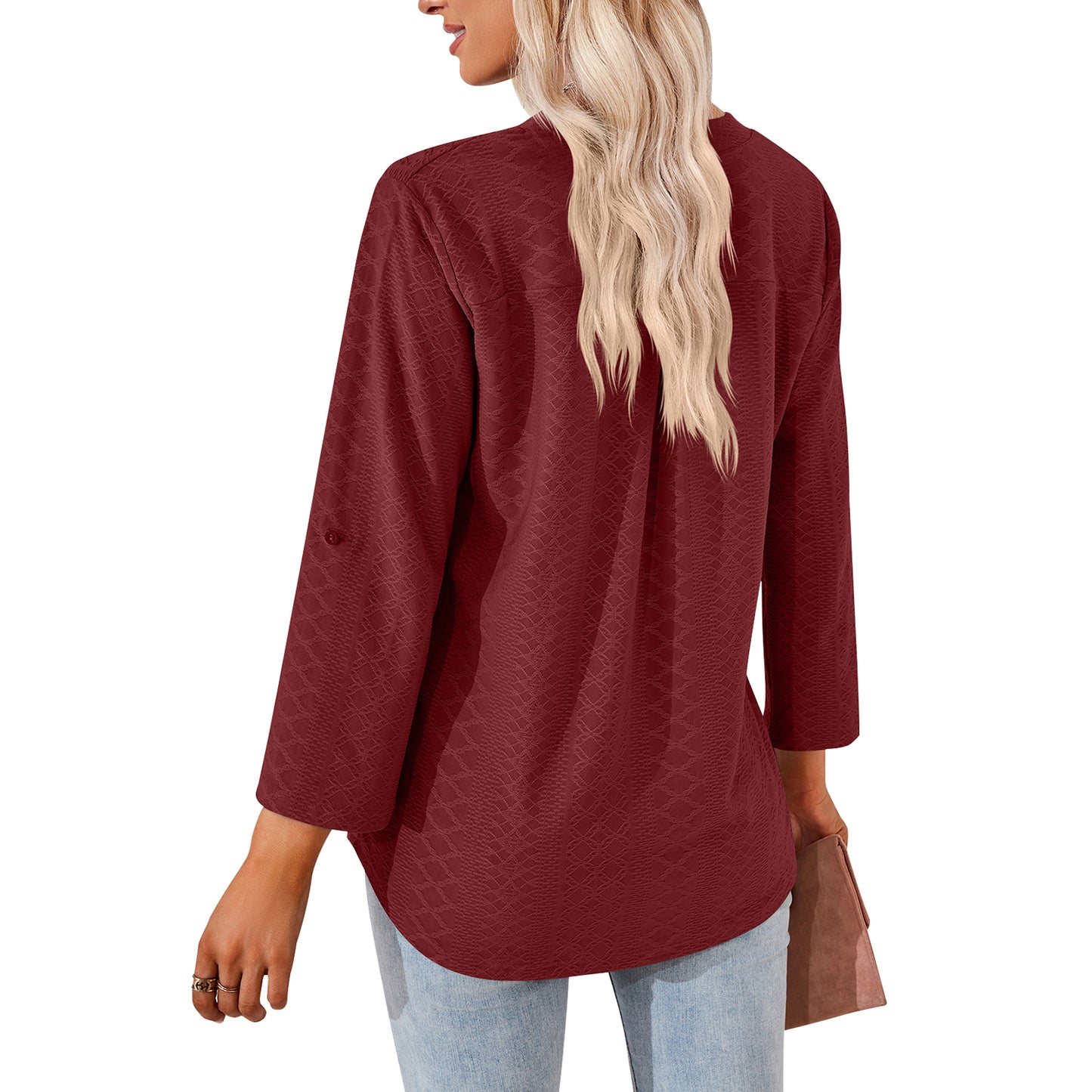MOMOFEEL Long Sleeve Shirts for Women 3/4 Sleeve Loose Blouses V-neck Tunic Tops Casual M9007