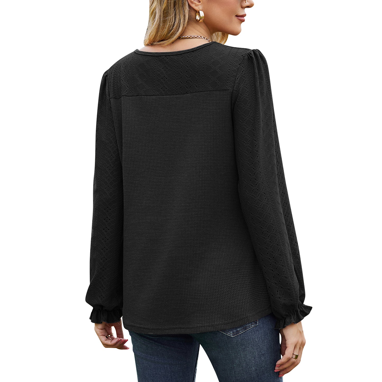 MOMOFEEL Puff Lace Long Sleeve Shirts for Women Crewneck Tunic Tops Waffle Knit Blouse Casual M9005