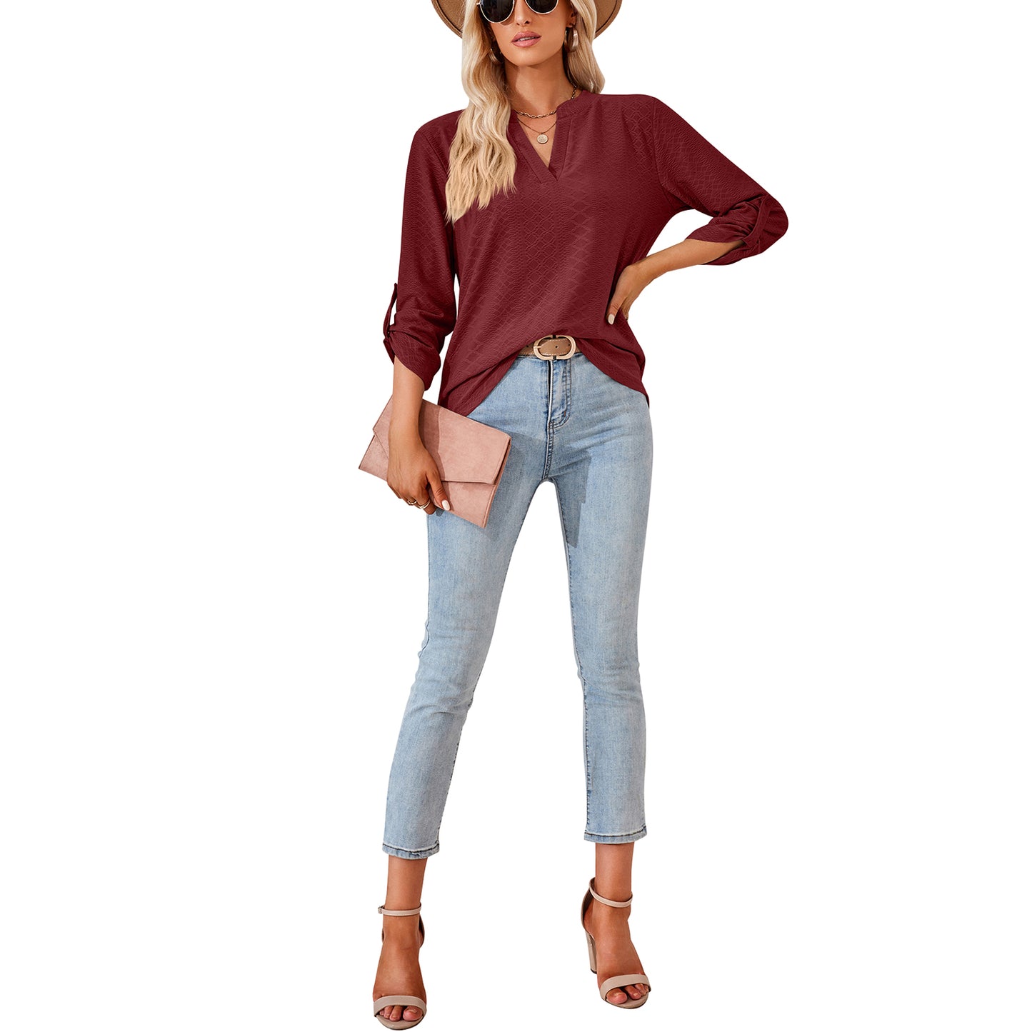 MOMOFEEL Long Sleeve Shirts for Women 3/4 Sleeve Loose Blouses V-neck Tunic Tops Casual M9007