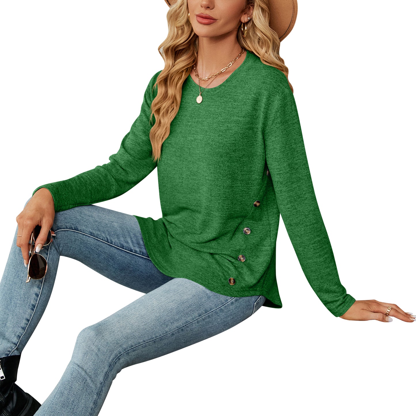 MOMOFEEL Long Sleeve Tunic Tops for Women Crewneck Sweatshirt with Side Buttons Casual Shirts Pullover M9004