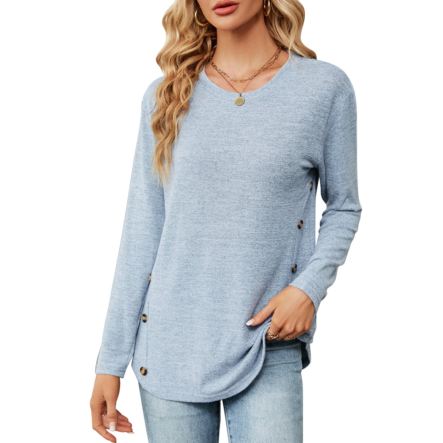 MOMOFEEL Long Sleeve Tunic Tops for Women Crewneck Sweatshirt with Side Buttons Casual Shirts Pullover M9004