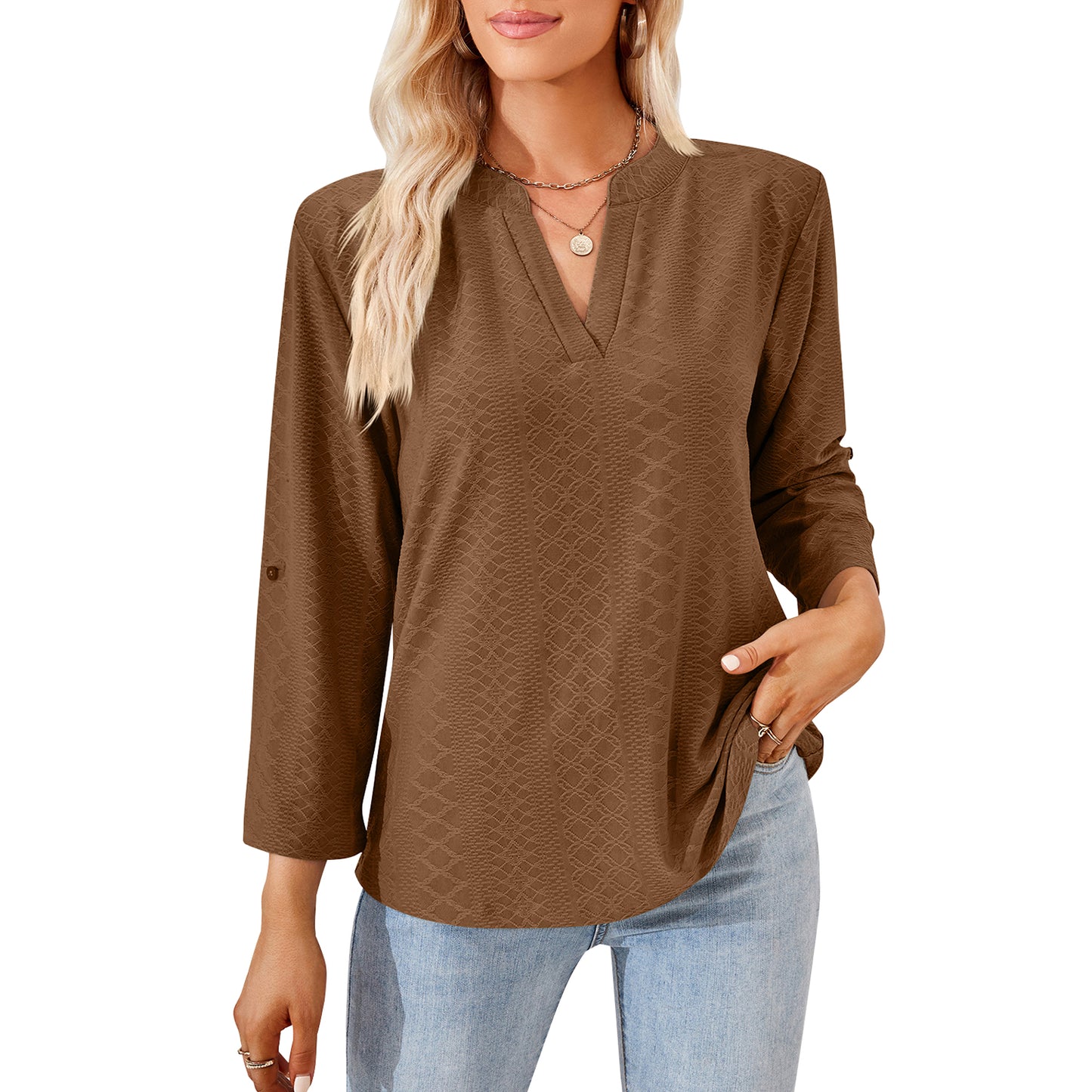 MOMOFEEL Long Sleeve Shirts for Women 3/4 Sleeve Loose Blouses V-neck Tunic Tops Casual M9007
