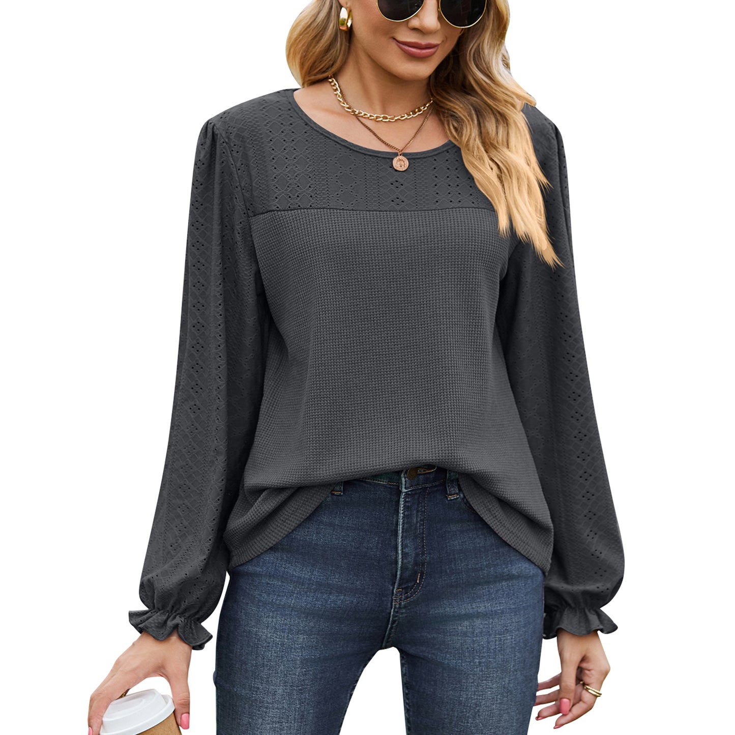 MOMOFEEL Puff Lace Long Sleeve Shirts for Women Crewneck Tunic Tops Waffle Knit Blouse Casual M9005