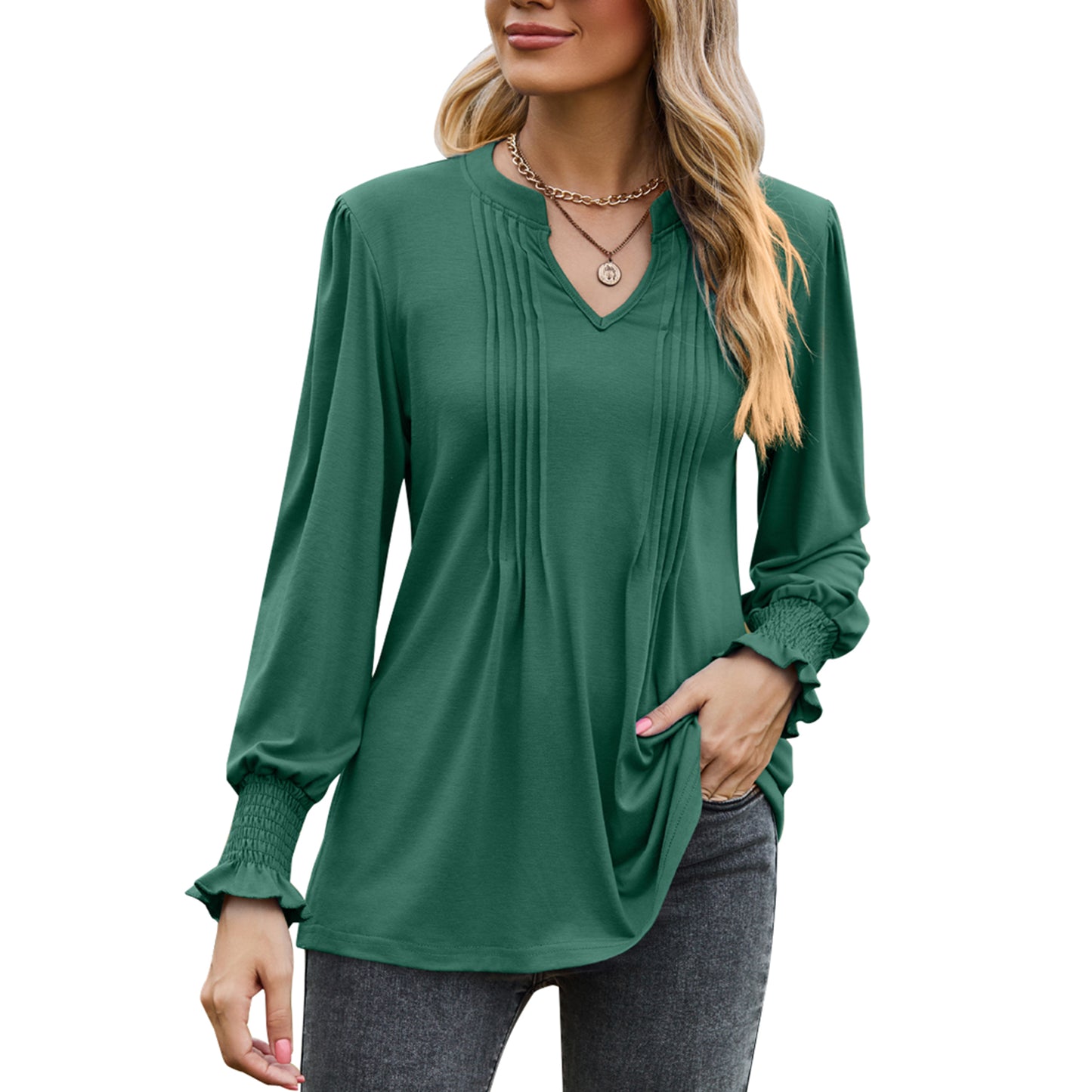 MOMOFEEL Womens Tunic Tops Puff Long Sleeve Blouses Loose Fit Pleated V Neck Shirts M9013