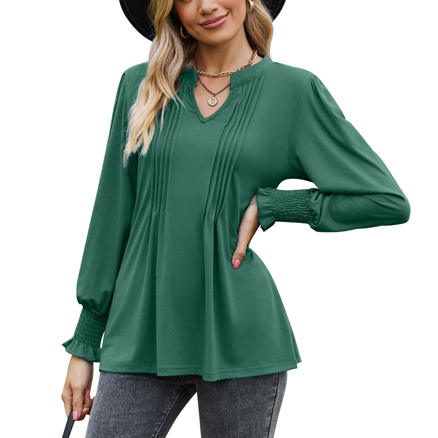 MOMOFEEL Womens Tunic Tops Puff Long Sleeve Blouses Loose Fit Pleated V Neck Shirts M9013