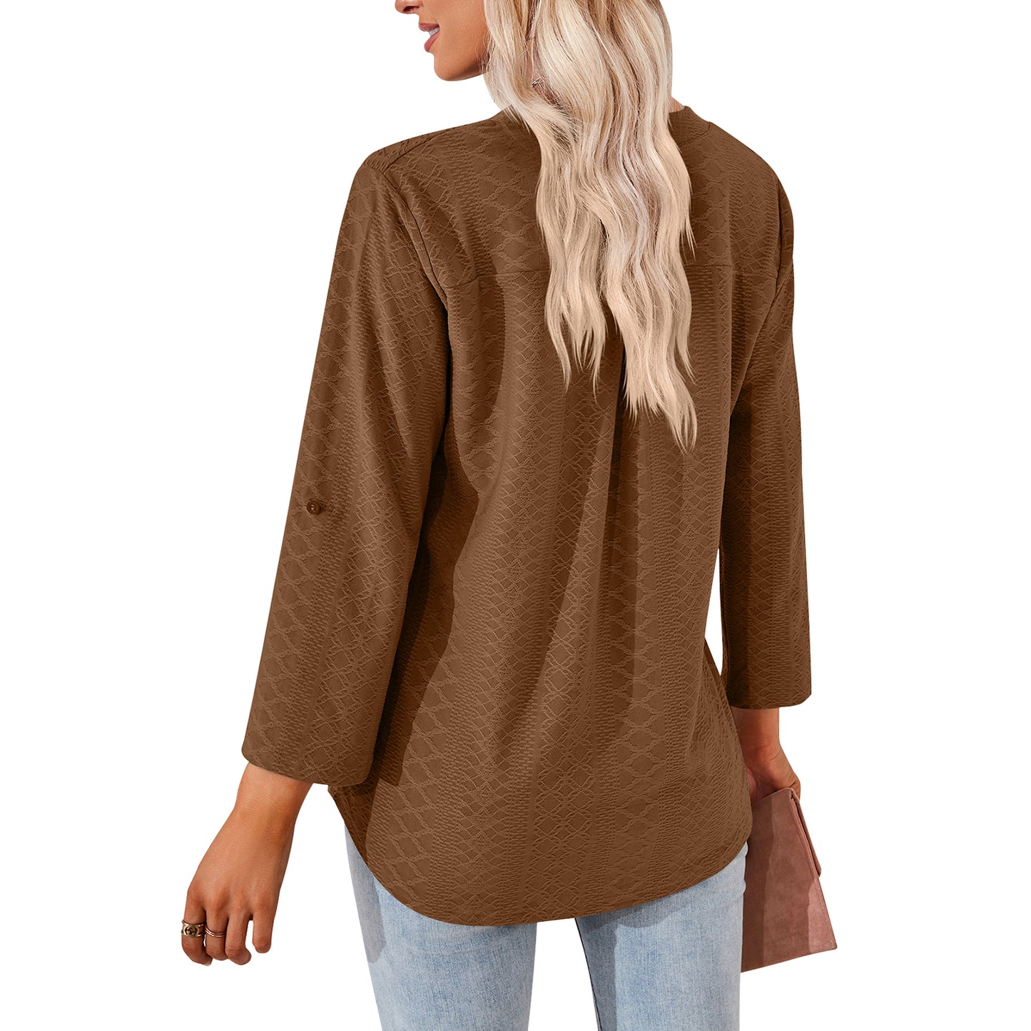 MOMOFEEL Long Sleeve Shirts for Women 3/4 Sleeve Loose Blouses V-neck Tunic Tops Casual M9007