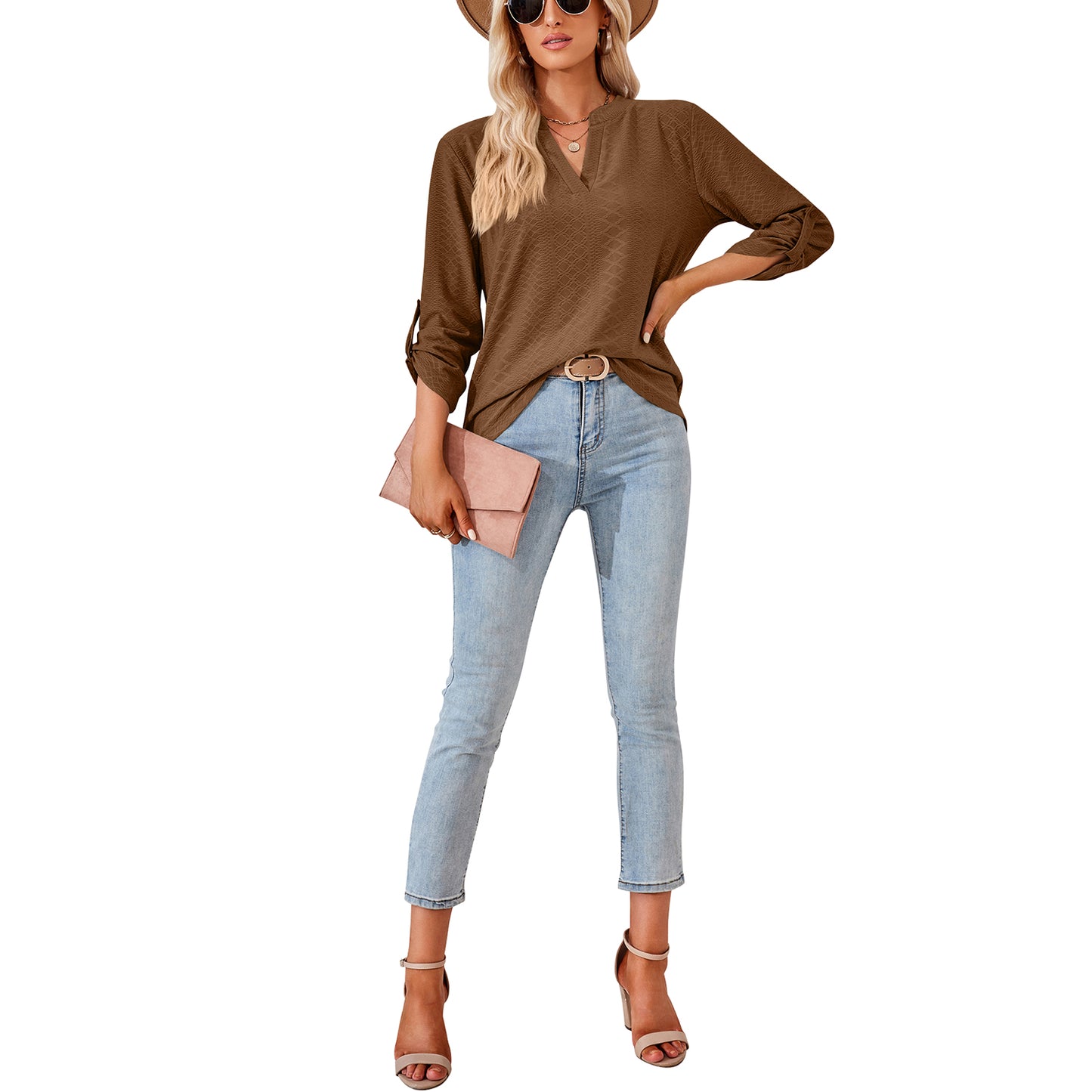 MOMOFEEL Long Sleeve Shirts for Women 3/4 Sleeve Loose Blouses V-neck Tunic Tops Casual M9007