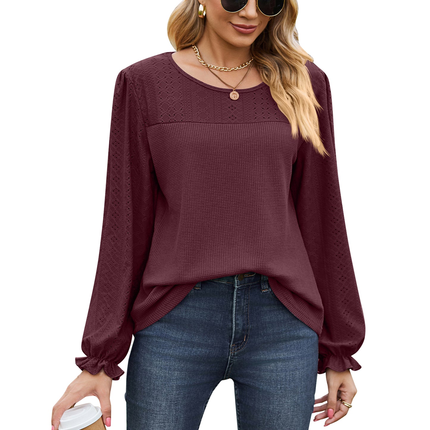 MOMOFEEL Puff Lace Long Sleeve Shirts for Women Crewneck Tunic Tops Waffle Knit Blouse Casual M9005